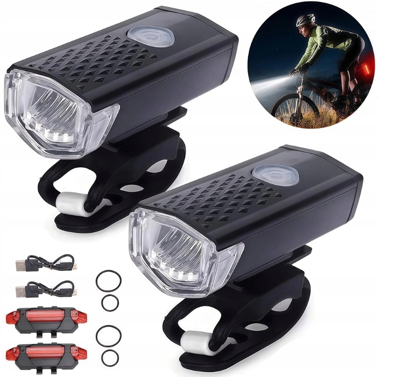 LAMPY ROWEROWE LED ZESTAW 4 SZTUK PRZEDNIE I TYLNE 300LM WODOSZCZELNE IP65