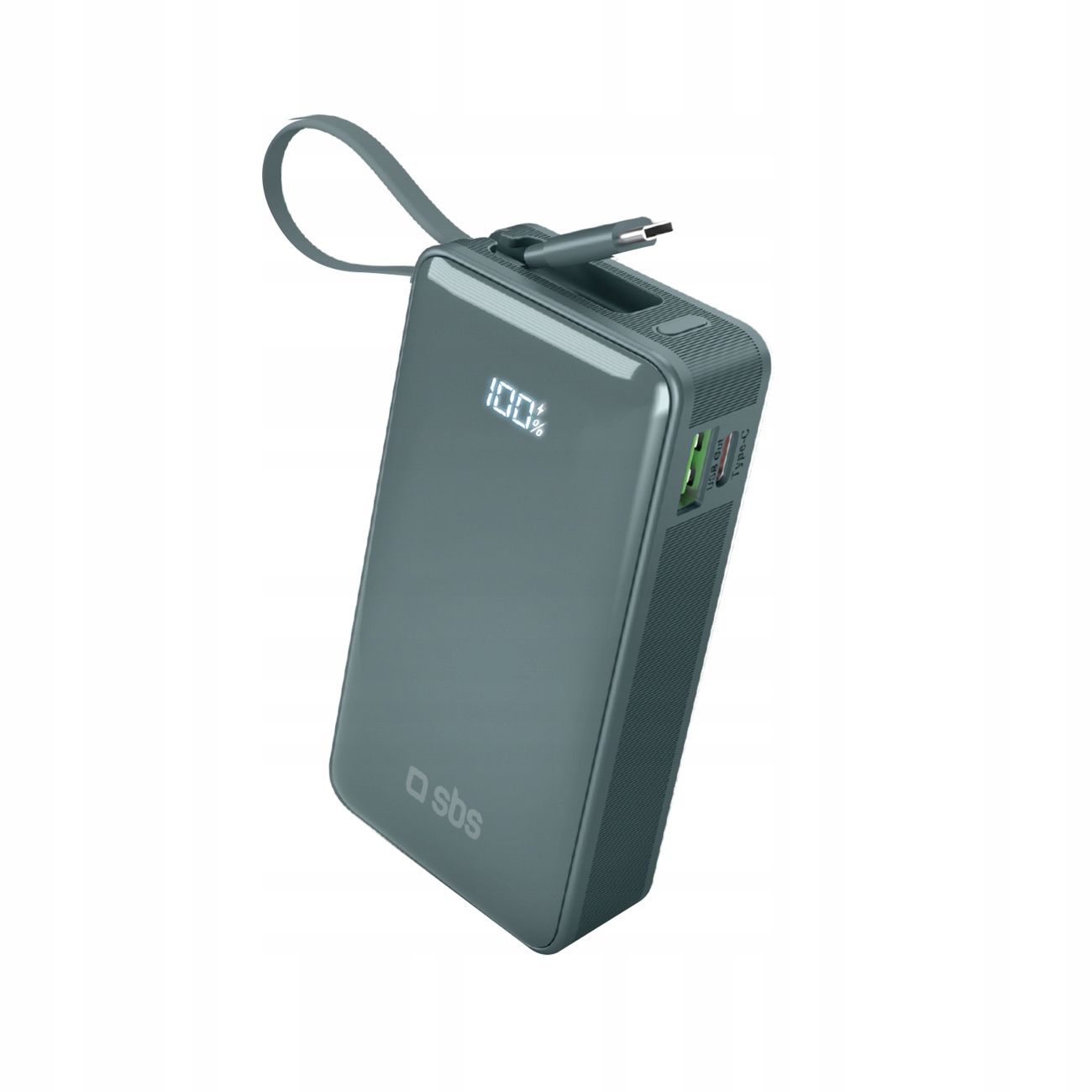 Powerbanka Sbs 10000mAh 20W Usb-a Usb-c vestavěný LCD kabel šedý