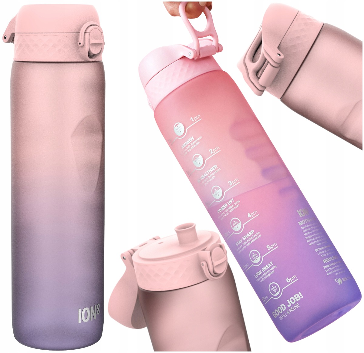 Bidon Butelka Motywacyjna Na Wodę ION8 1000 ML Różowa Z Miarką Ustnikiem