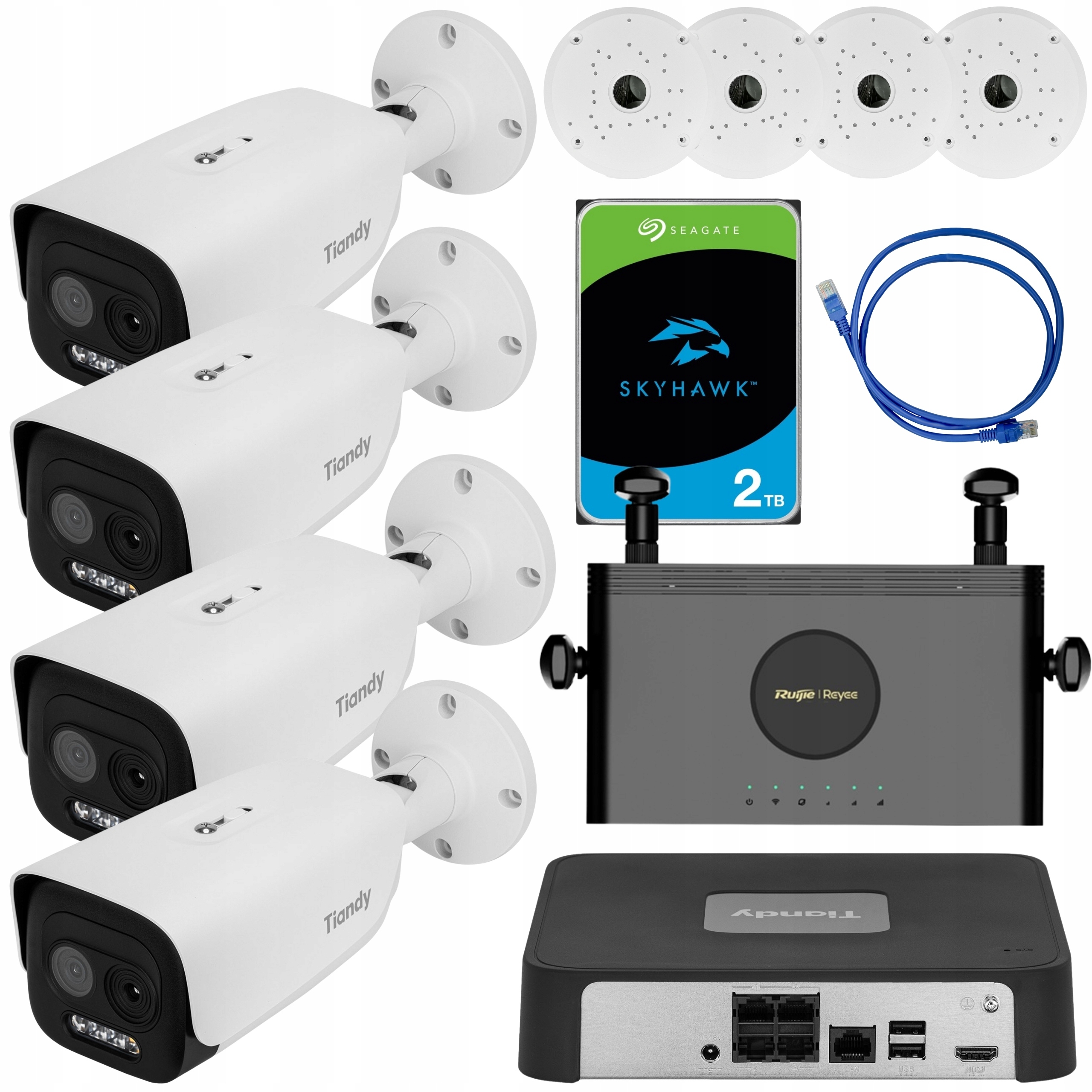 Sada 4x kamera Tiandy 3.7Mpx záznamník disk 2TB router plechovky patchcord