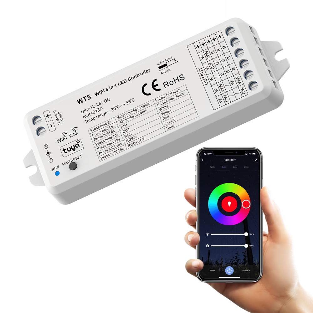 

Sterownik WiFi do taśm Led Rgb Cct Tuya 5 w 1 z Rf