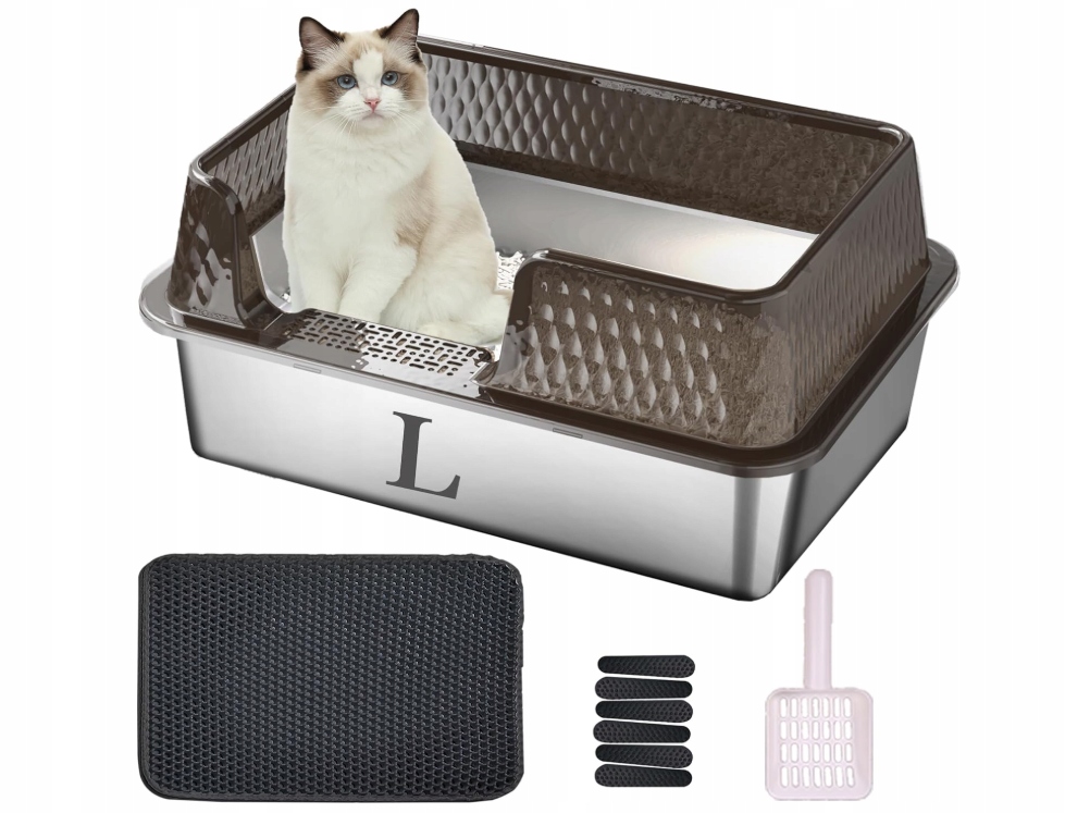 Levně Elegantní toaleta pro kočky z z nerezové oceli – velká, s vysokými stranami