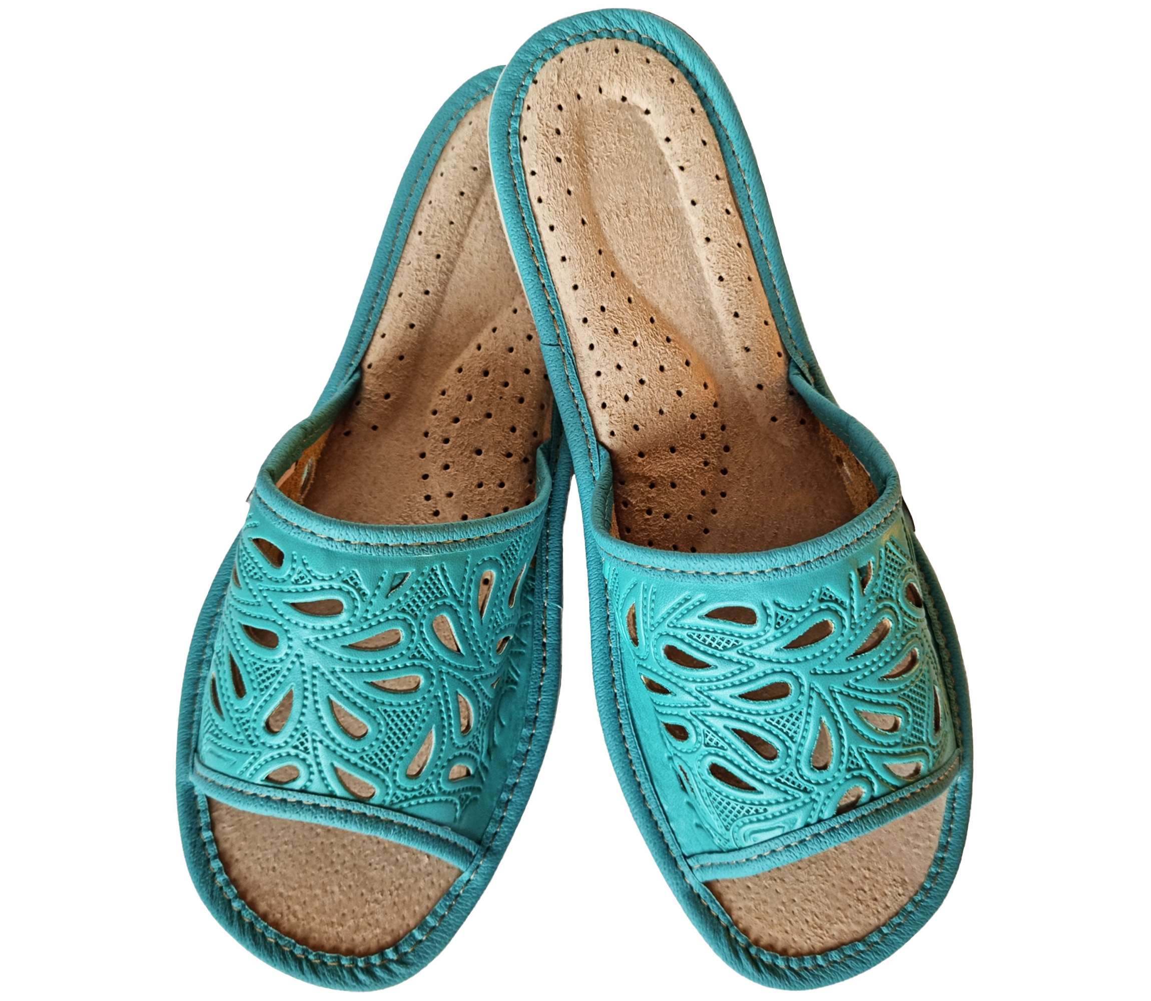 PANTOFLE KAPCIE DAMSKIE PODHALOVE GÓRALSKIE SKÓRZANE KLAPKI CIAPY LACZKI Kolor niebieski