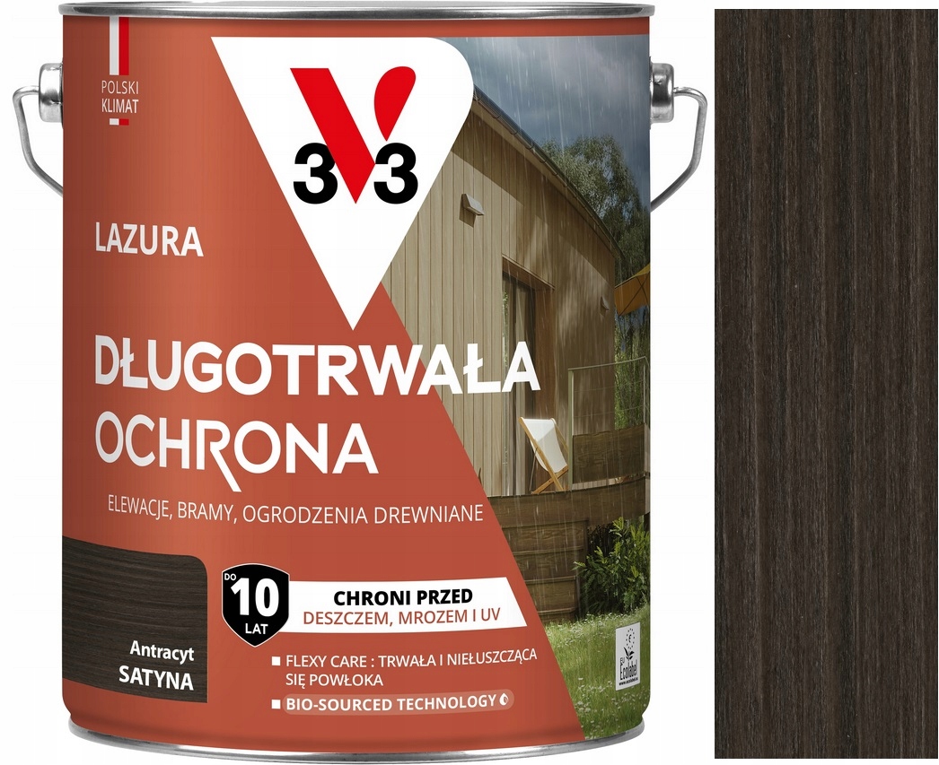 V33 Lazura 10 Lat Długotrwała Ochrona Drewna Podbitki Płoty Antracyt 4.5L