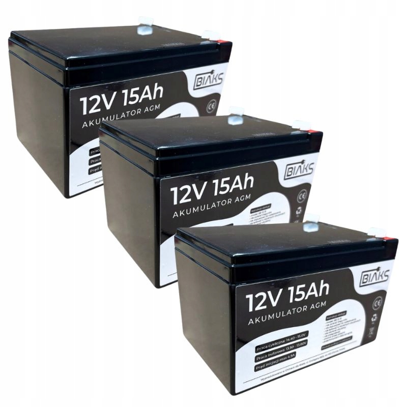 3x akumulátor Agm 12V 15Ah Biaks (rozmer 10Ah 12Ah 14Ah) pre solárny Ups alarm