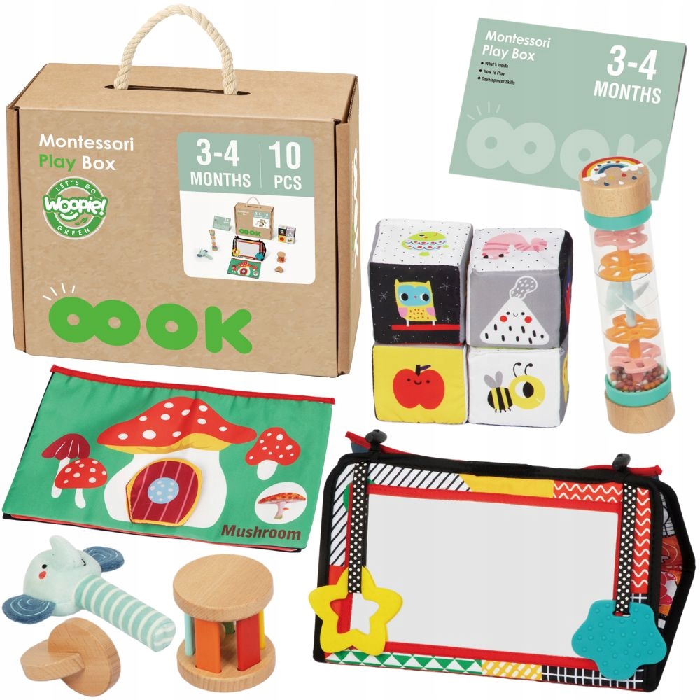 Pudełko zabawek Montessori Woopie drewniane wielokolorowe 37,5x27 cm