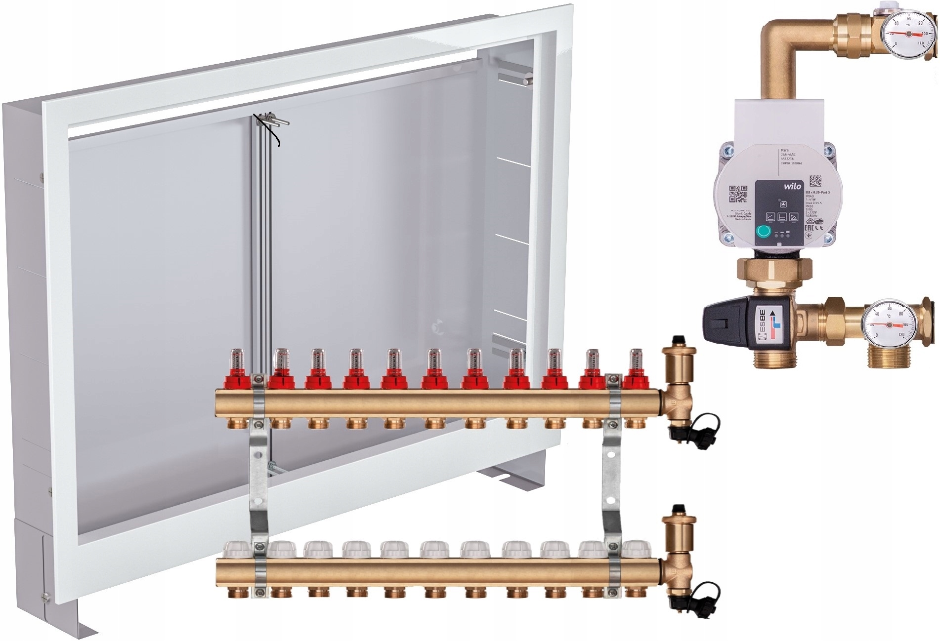 Mosazný rozdělovač na podlahu 11 s Pumpou Wilo Podomítková Skříňka