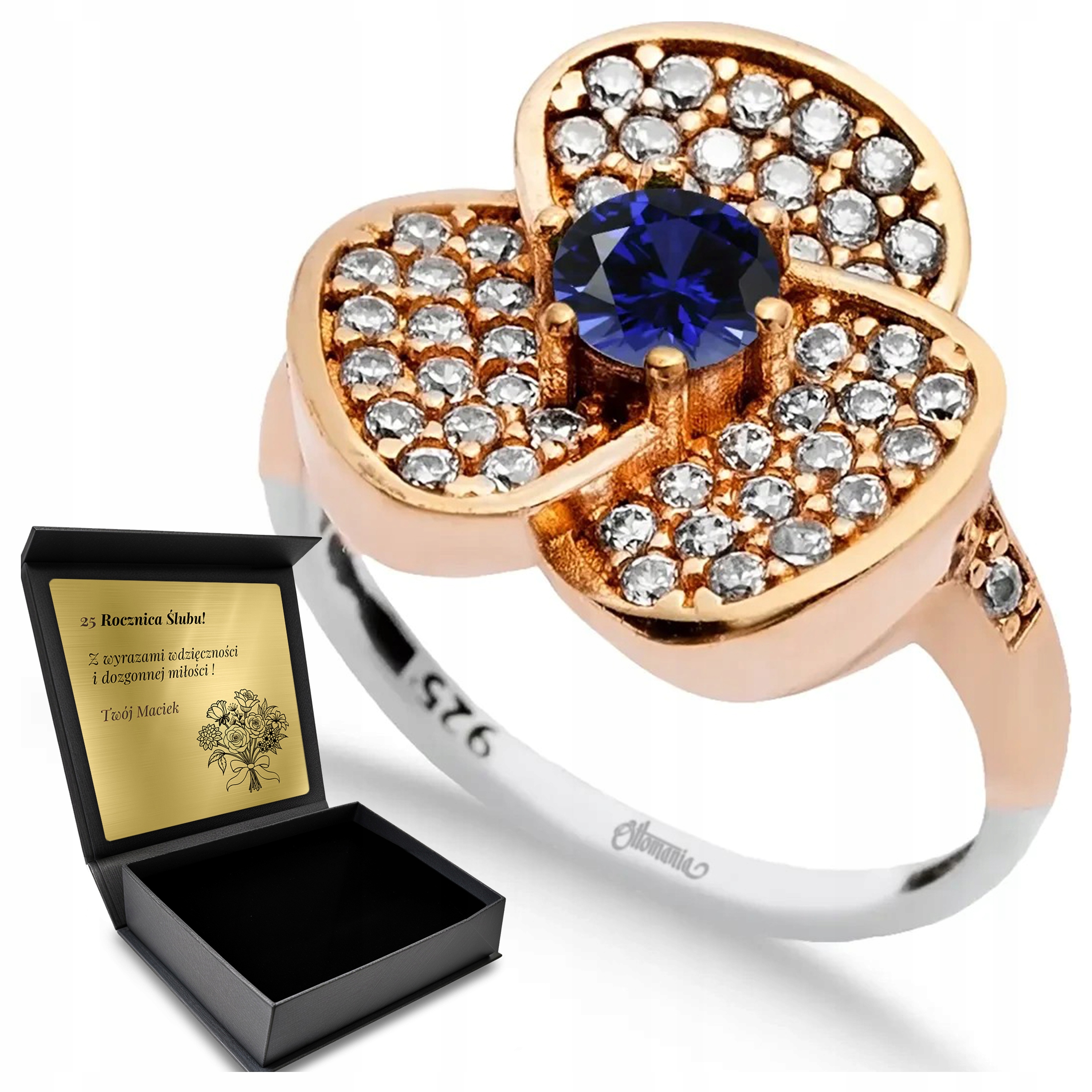 Prstýnek 925 Zirkony Safír Dárek Na Valentýna Gravírování Bonus