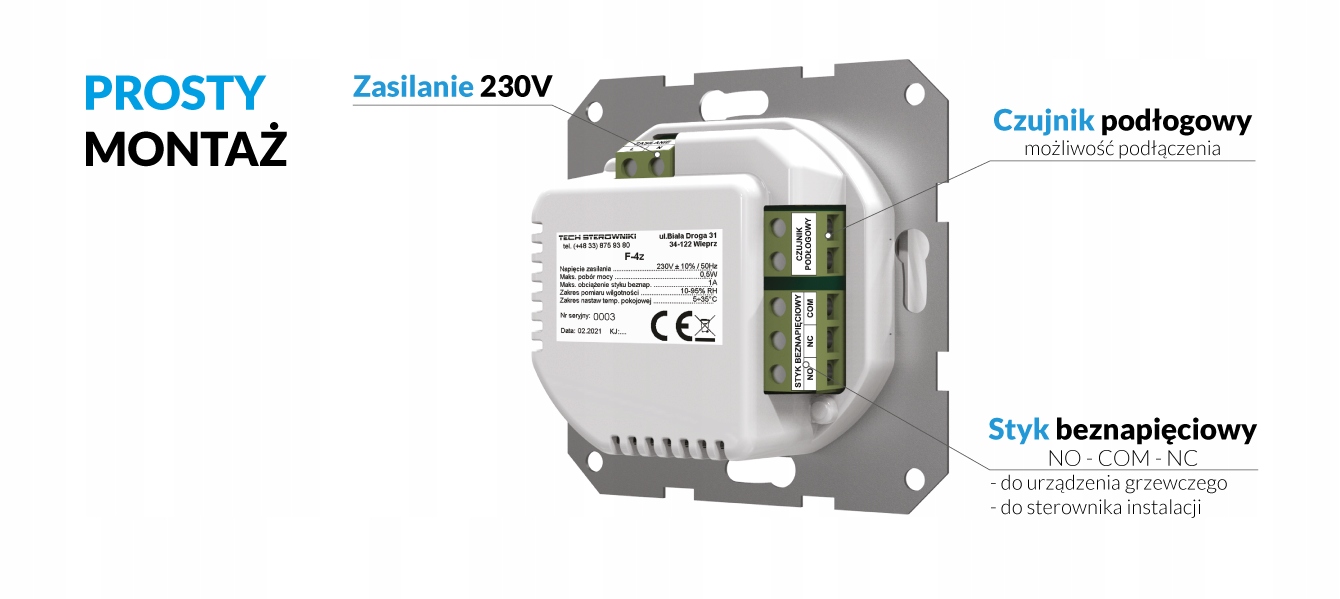 TECH F-4Z V1 przewodowy regulator pokojowy BIAŁY Rodzaj regulator pokojowy