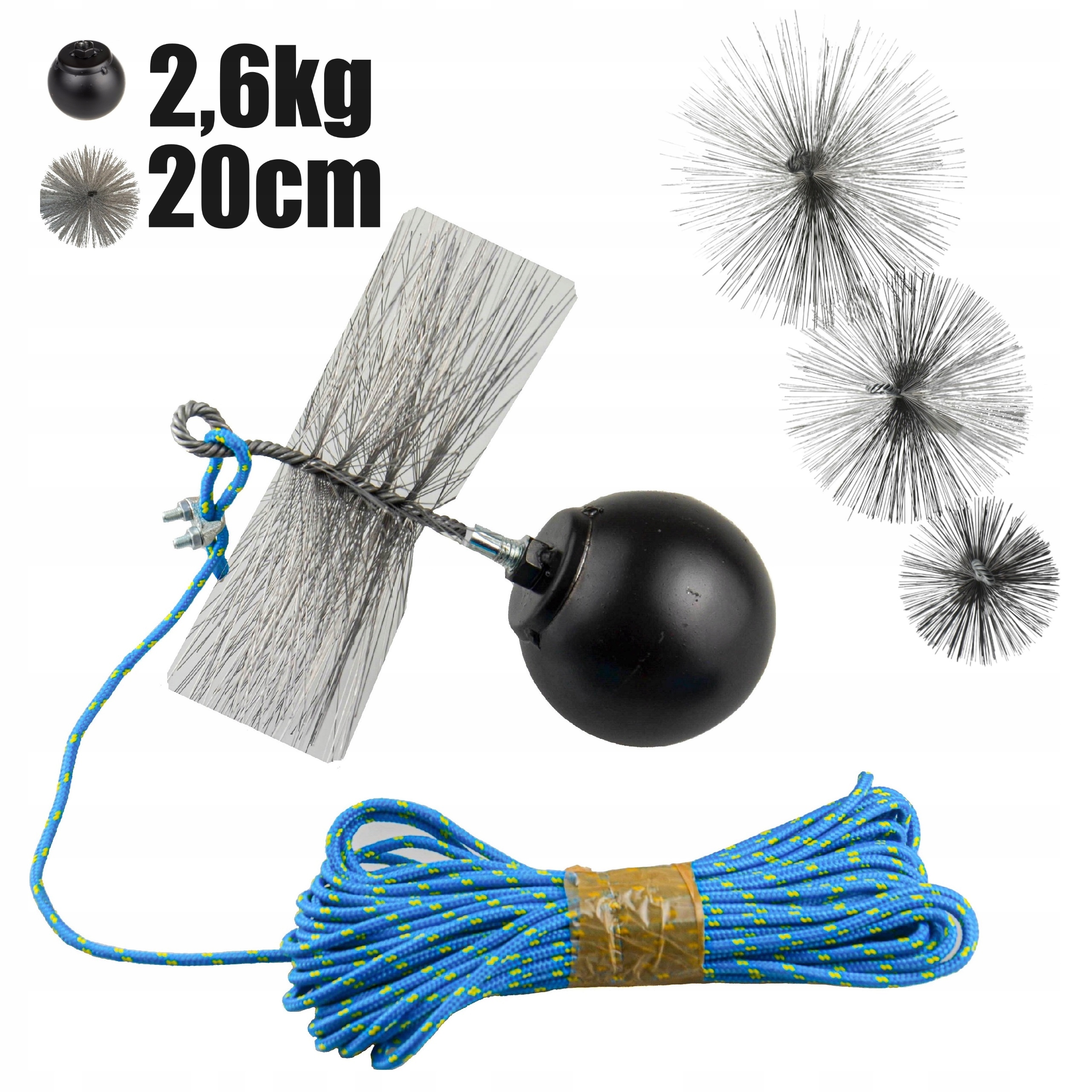 Zestaw kominiarski do czyszczenia komina 2,6kg kula linka wycior 20cm kpl.