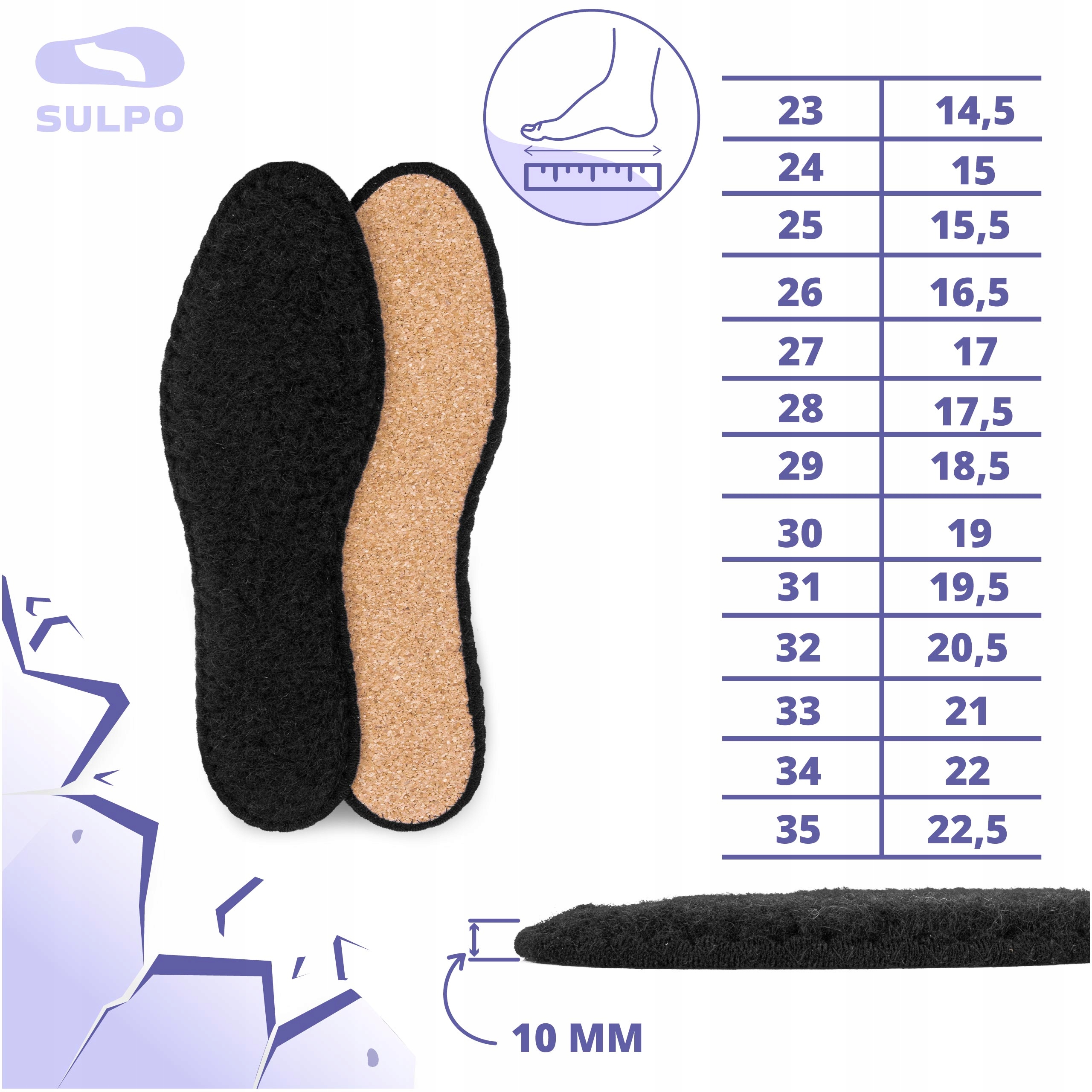 Zimowe wkładki do butów dziecięce wełniane ocieplające stopy czarne 29 Marka Sulpo