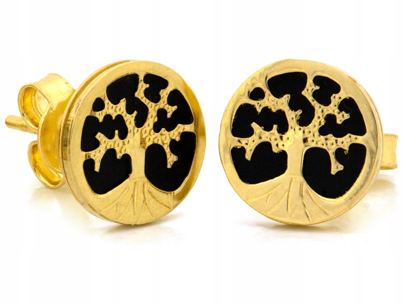 Zlaté náušnice 585 s stromkem štěstí na černém pozadí, zapínání na tyčinku
