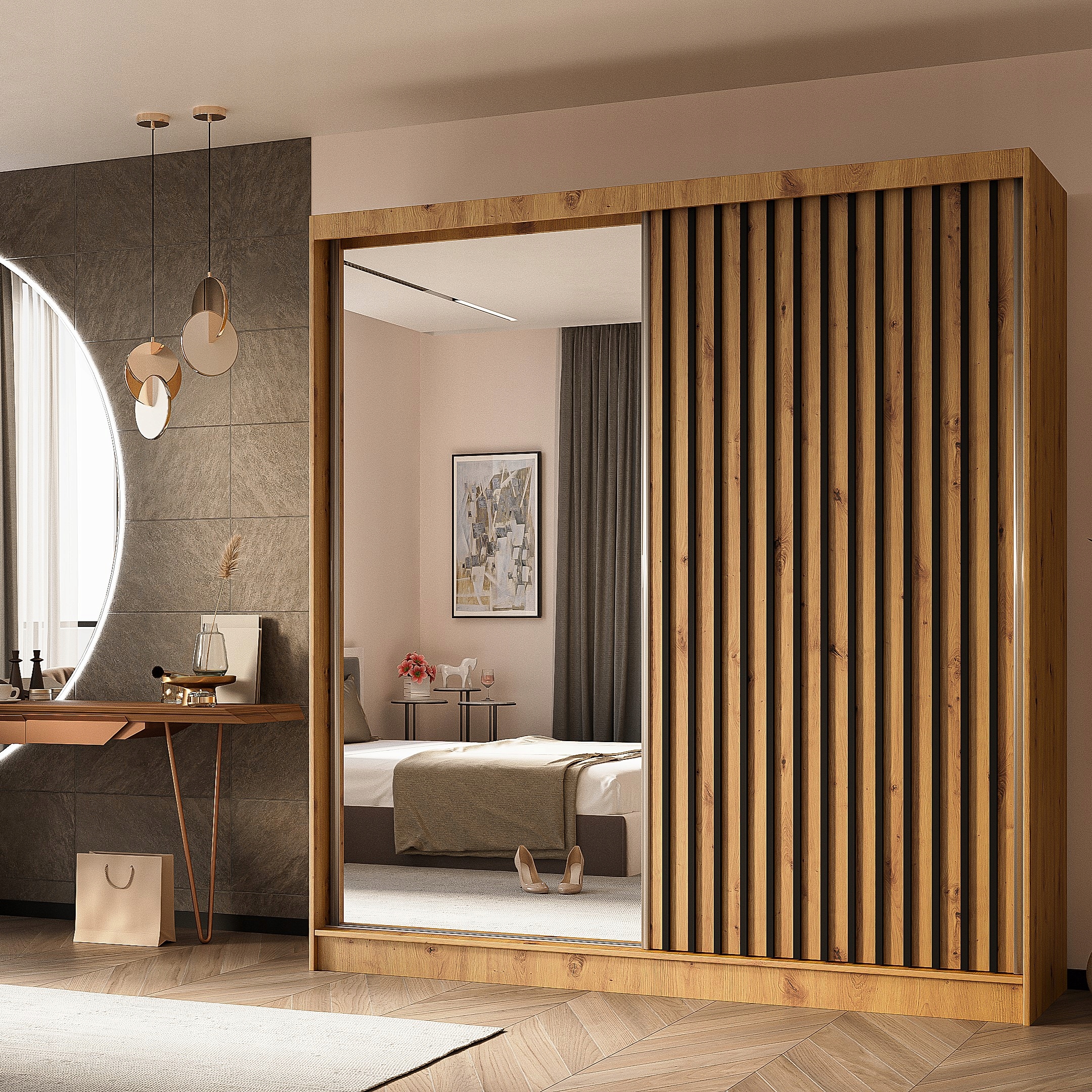 Skříň Lamello 200 cm Skříň se zrcadlem Posuvná dub artisan