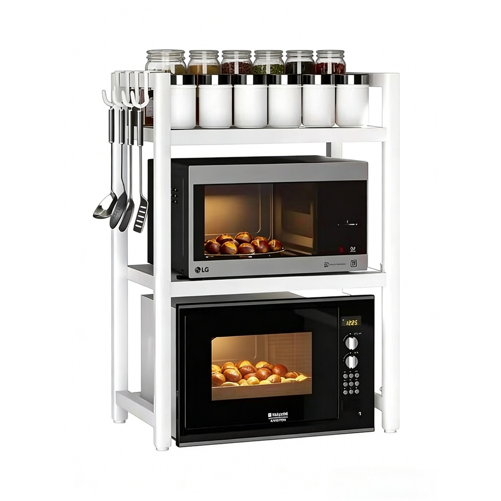 Dvojitý kuchyňský stojan nastavitelný na mikrovlnnou troubu, kovový s háčky