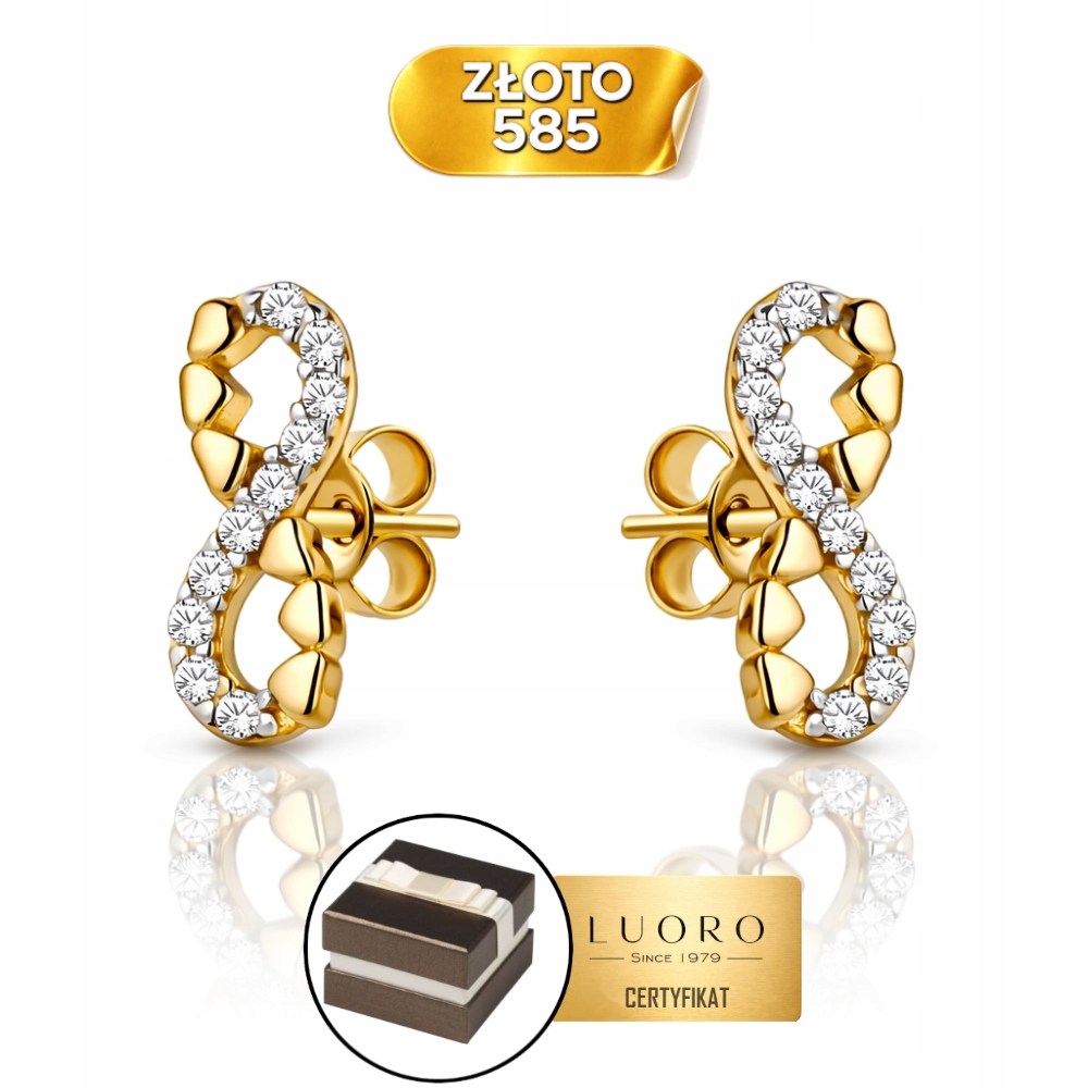 Náušnice Zlaté 585 14K Znamení Nekonečna Zirkony Srdce Tyčinka 0,9 CM