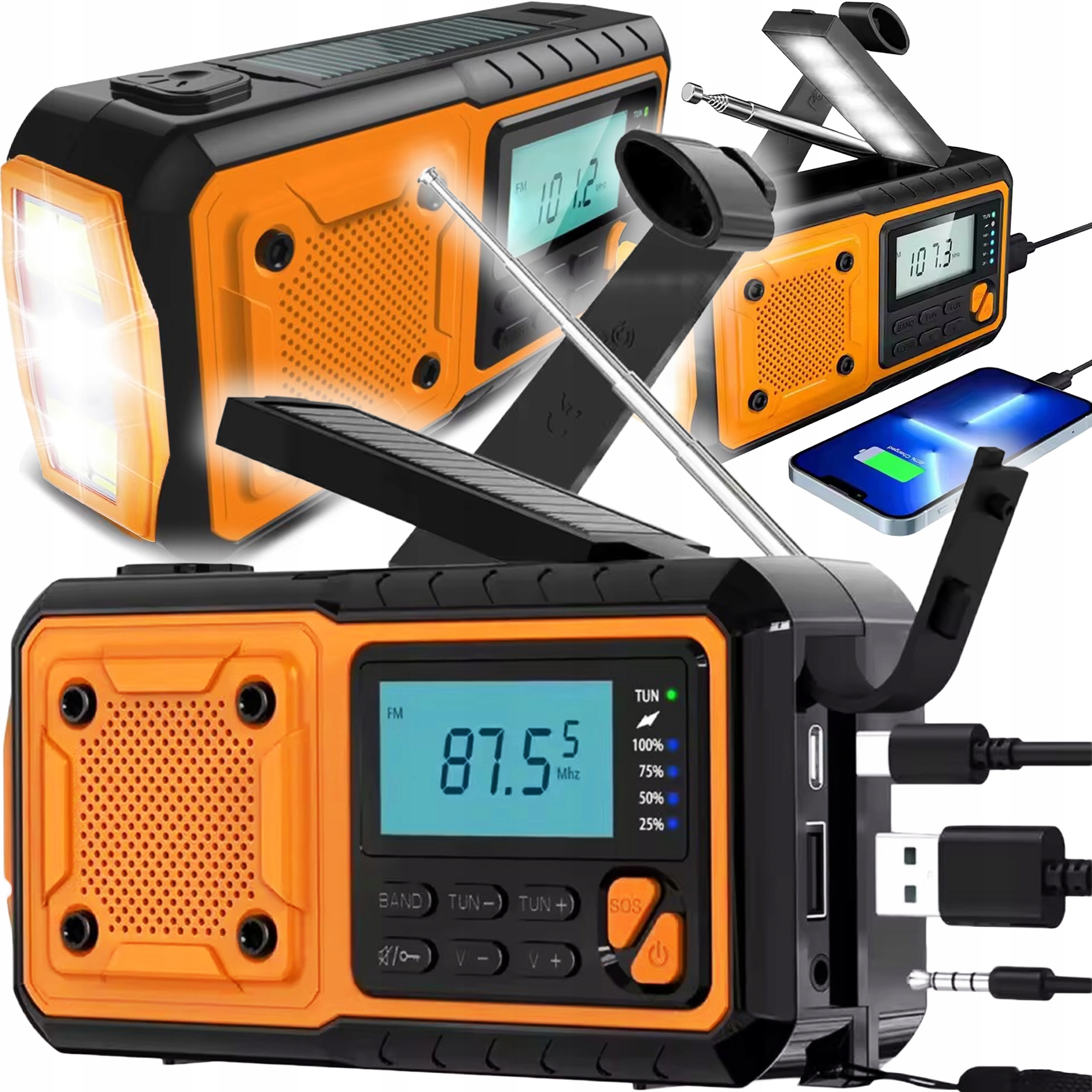 Przenośne Radio Solarne Korbka Alarm Dynamo Awaryjne Latarka 5000mAh Usb-c