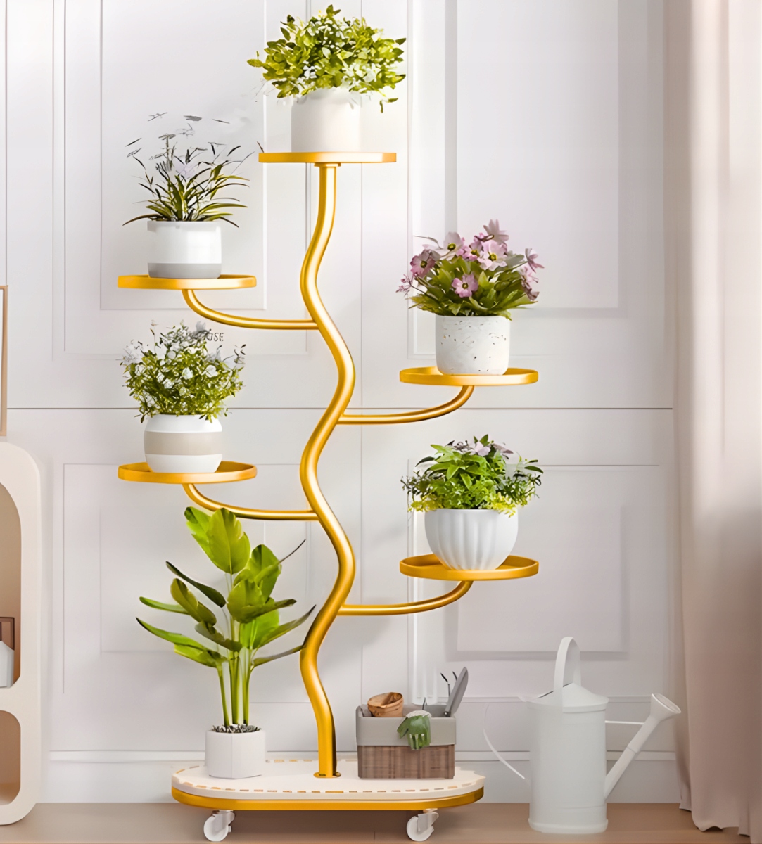 Držiak Na Kvetináč Stojan Na Rastliny Kovový Stojaci Regál Na Kolieskach Zlatý 105 CM