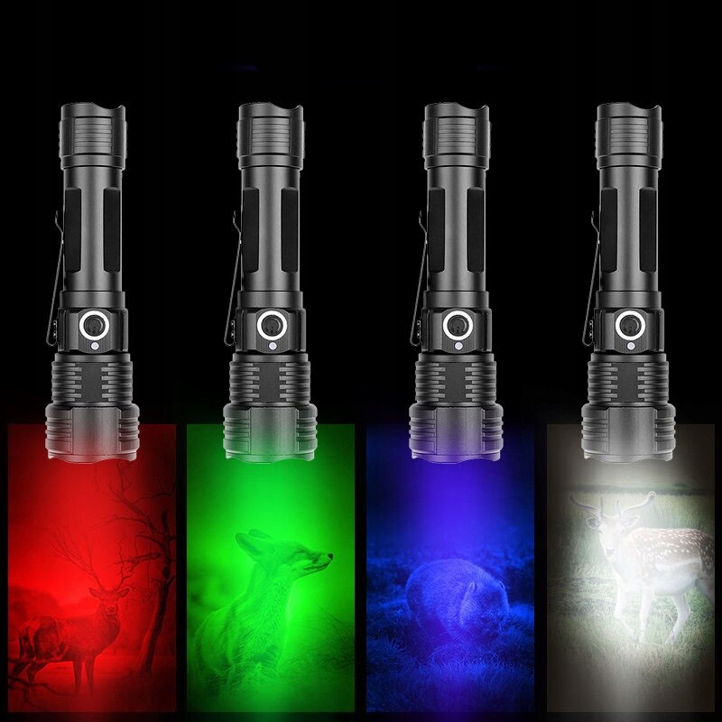 Latarka myśliwska taktyczna na zwierzynę 4-KOLORY 4-LED USB + UV + RED LT5 Zasilanie akumulatorowe