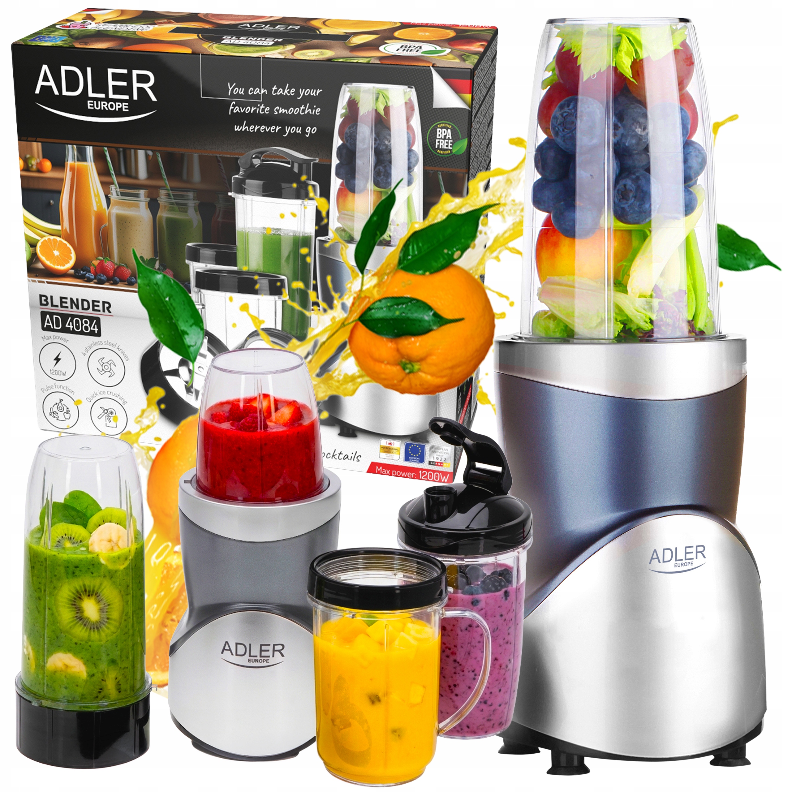 Kalichový Mixér Na Smoothie Koktejly 1200W 4 Lahve 4v1 Stříbrný