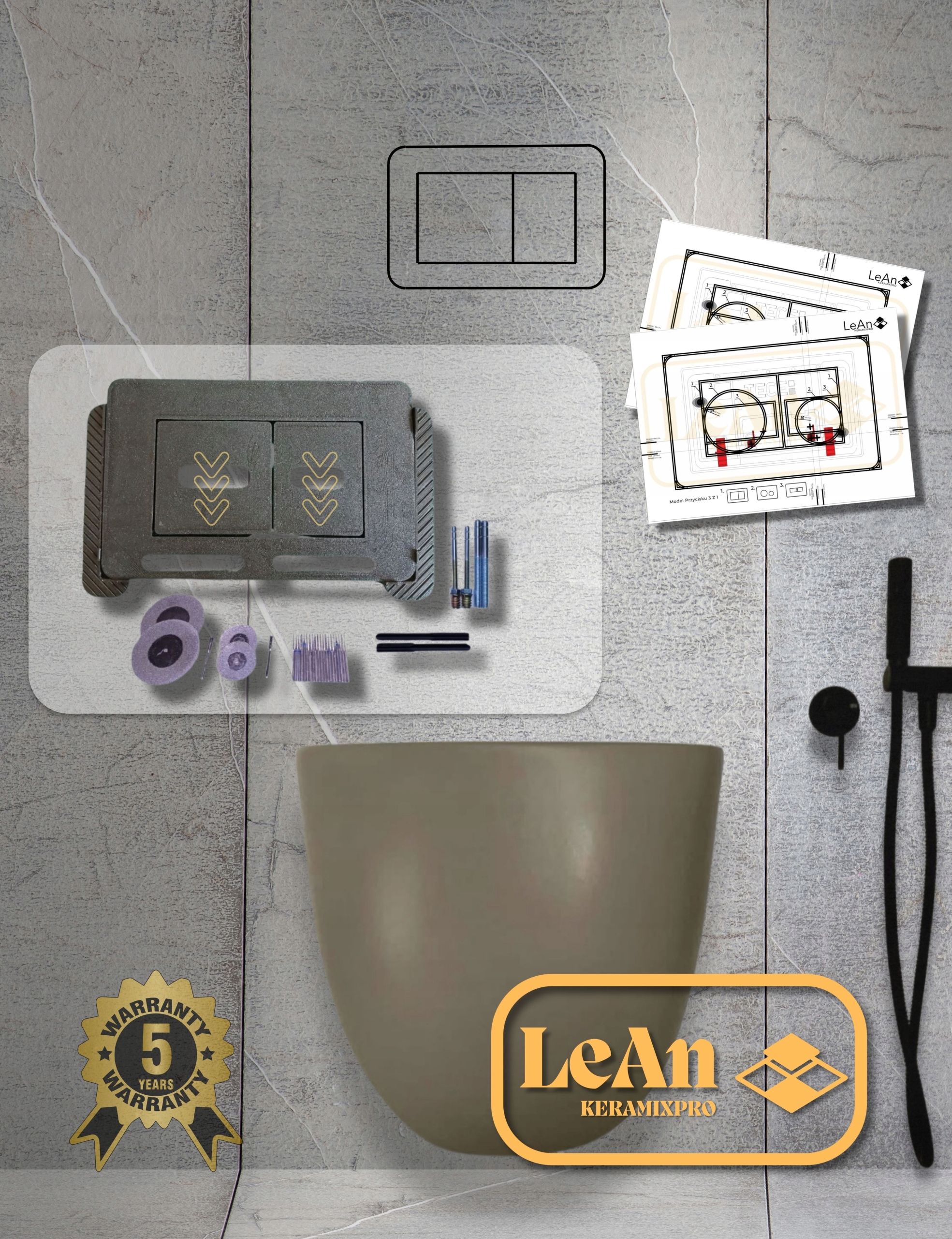 Skryté splachovacie tlačidlo čierne pre tmavé dlaždice