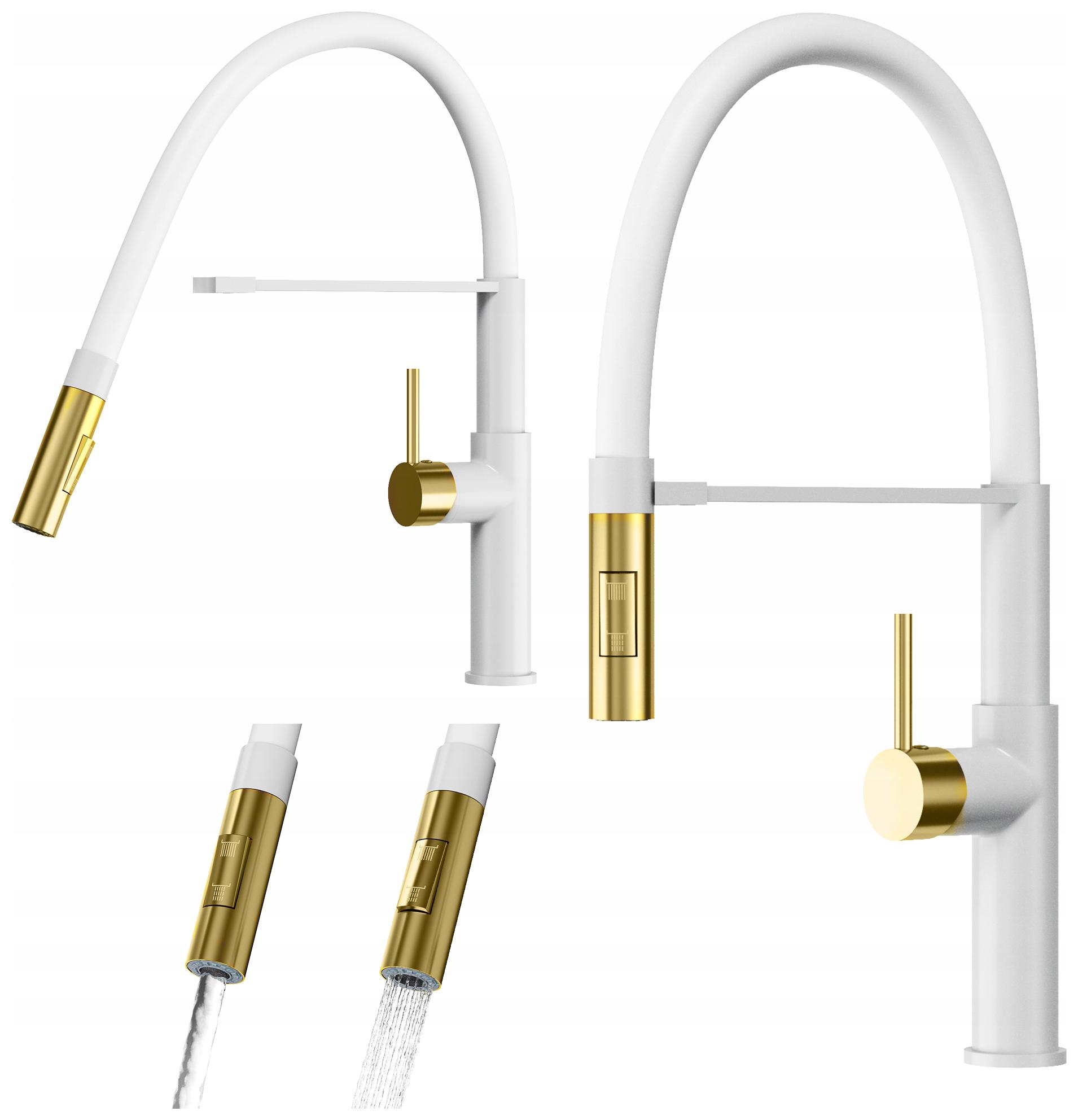 Kuchynská Batéria Flexibilná Bielej Farby S Výtokom Zo Brúseného Zlata, Kohútik Soria