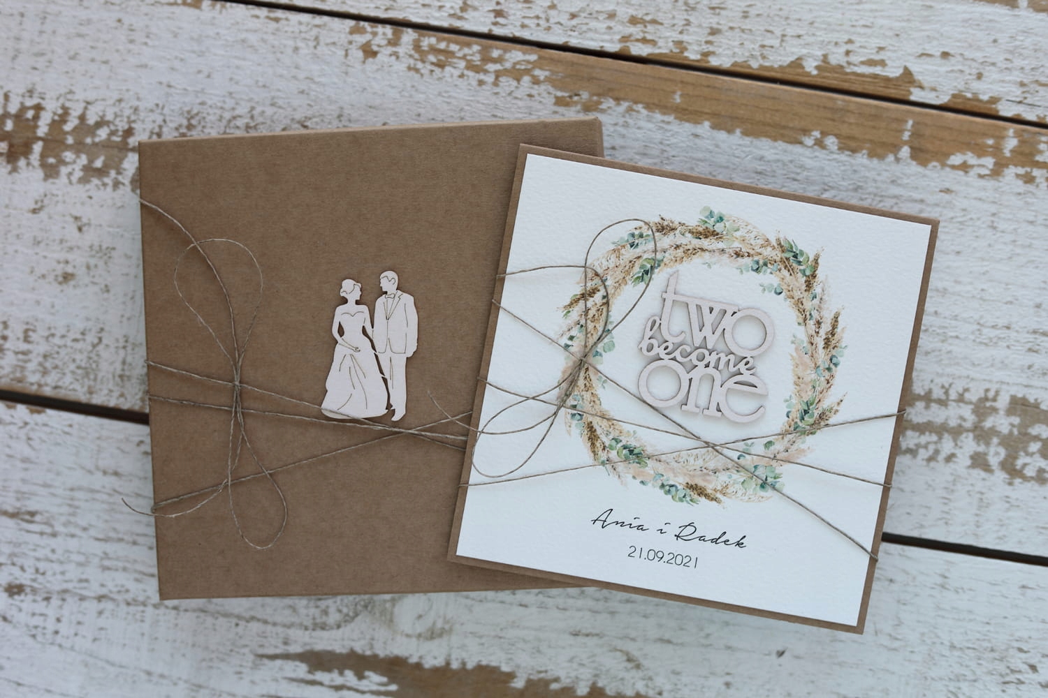 Rustikální kartička na svatba vyrobená ručně s personalizací a přáním