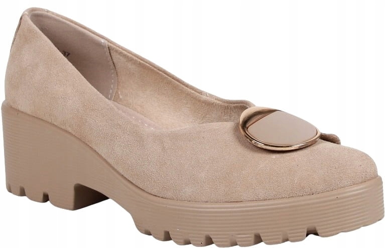 ELEGANCKIE PÓŁBUTY DAMSKIE BUTY NA KOTURNIE SKÓRA BEŻOWE ZAMSZOWE MODNE Wzór dominujący bez wzoru