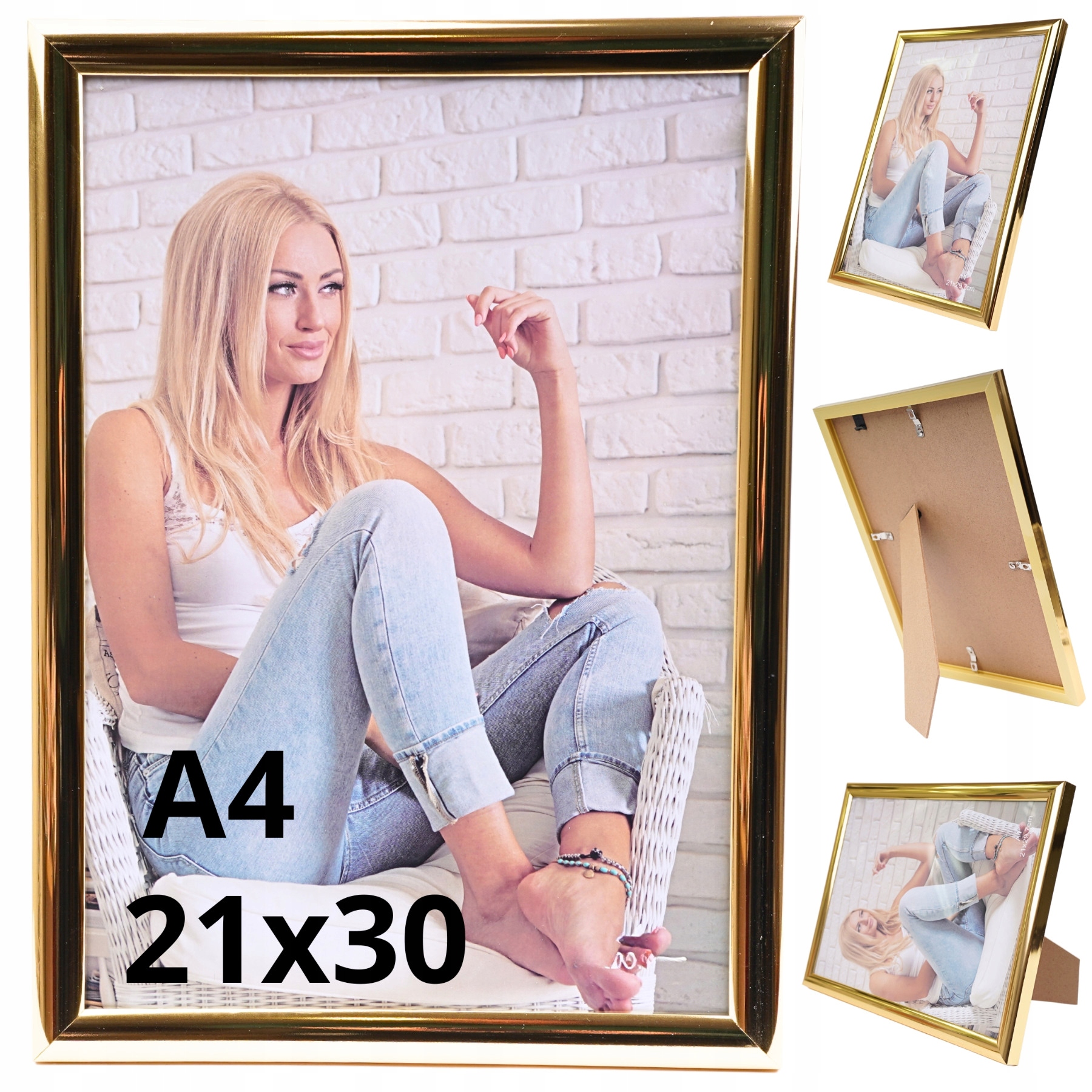 RAMKA NA ZDJĘCIA ZŁOTA FOTO RAMKA A4 21x29,7cm ZE SZKŁEM PION POZIOM PROSTA