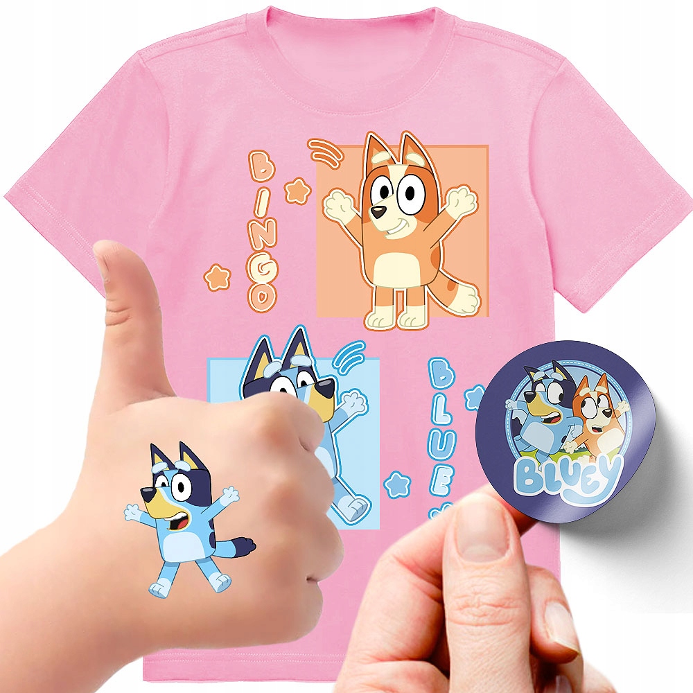 ZESTAW KOSZULKA + TATUAŻE NAKLEJKI BLUEY BLUE 140