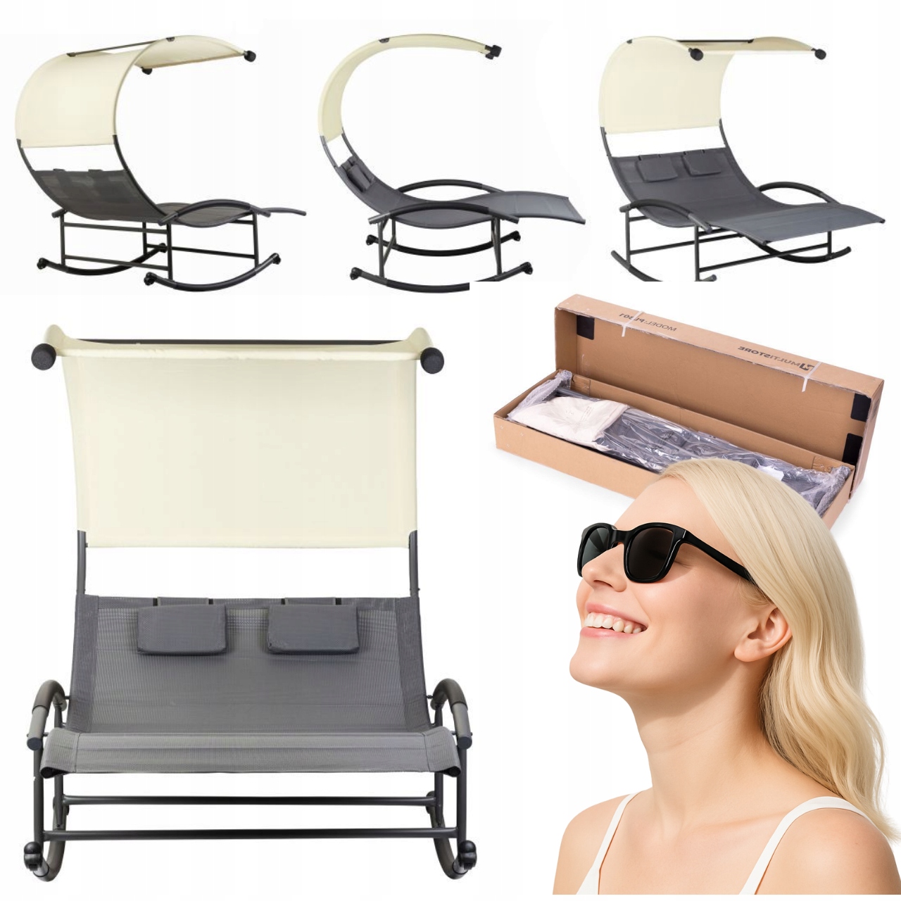 Leżanka Leżak Łóżko Ogrodowe Fotel Bujany Dwuosobowy Daszek Poduszki Zestaw