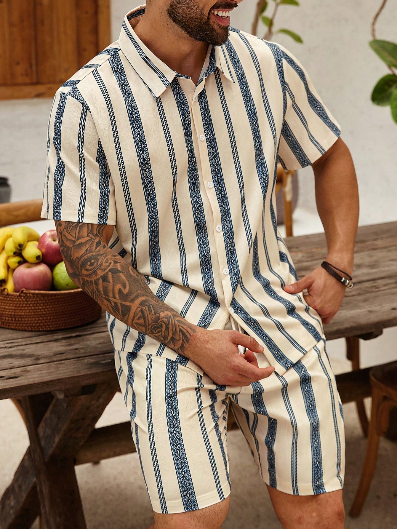 Komplet Pánská Košile S Kraťasy Pruhy Béžová Na Léto Casual Shein 3XL