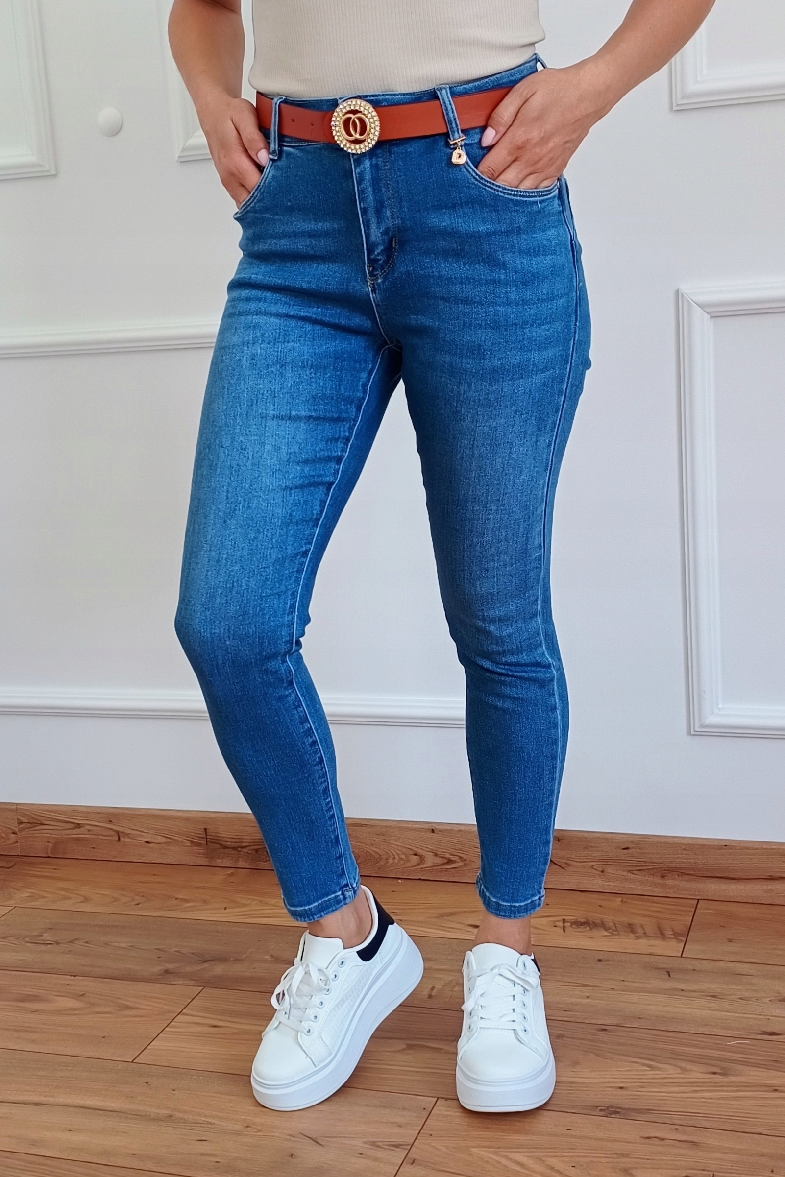 MS13 MODNE Jeansy M.SARA Push Up Z PASKIEM 38 M (30) 38-50 Stan (wysokość w pasie) wysoki