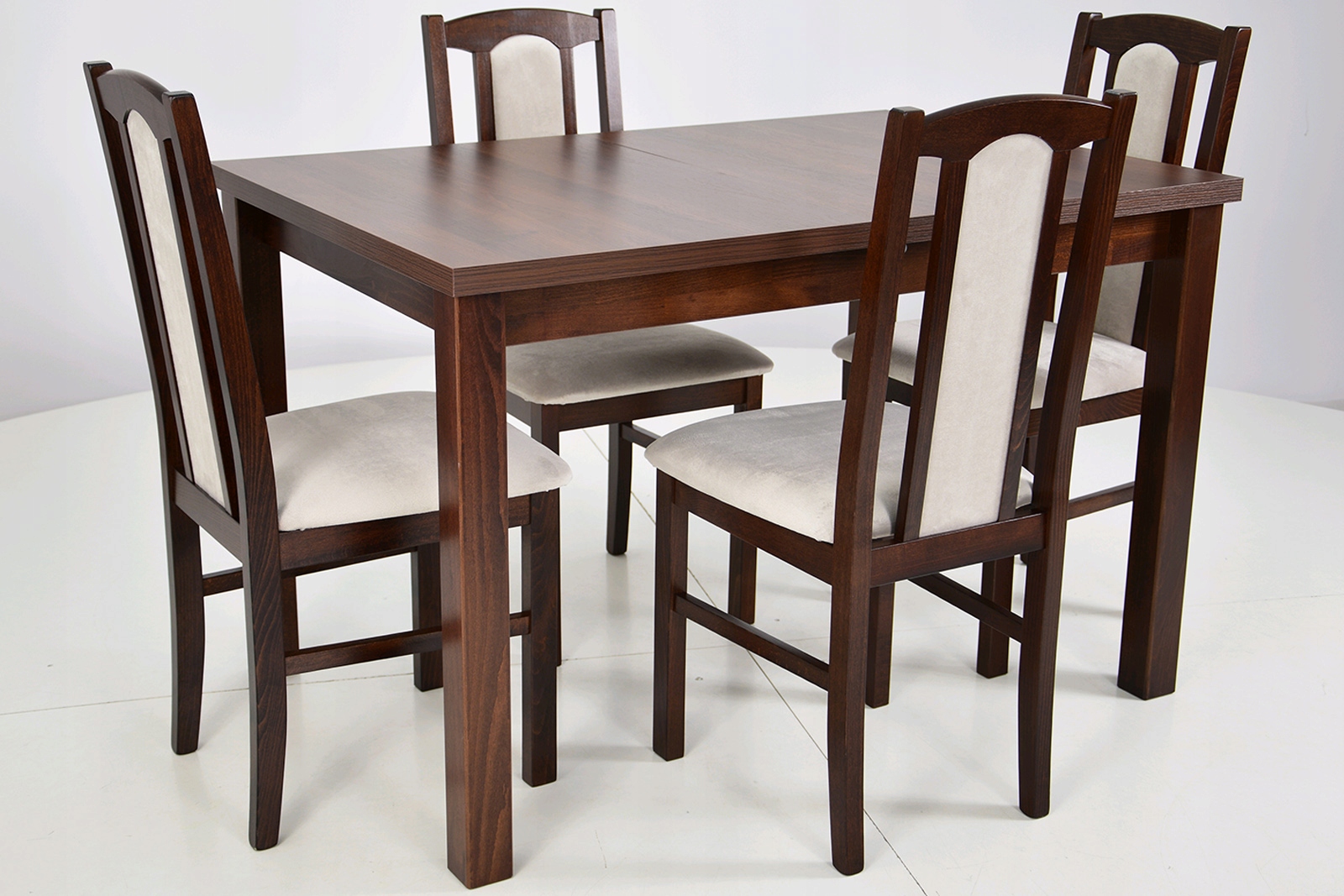 STÓŁ ROZKŁADANY do 150cm z 4 krzesłami ORZECH BEŻ Marka Grande