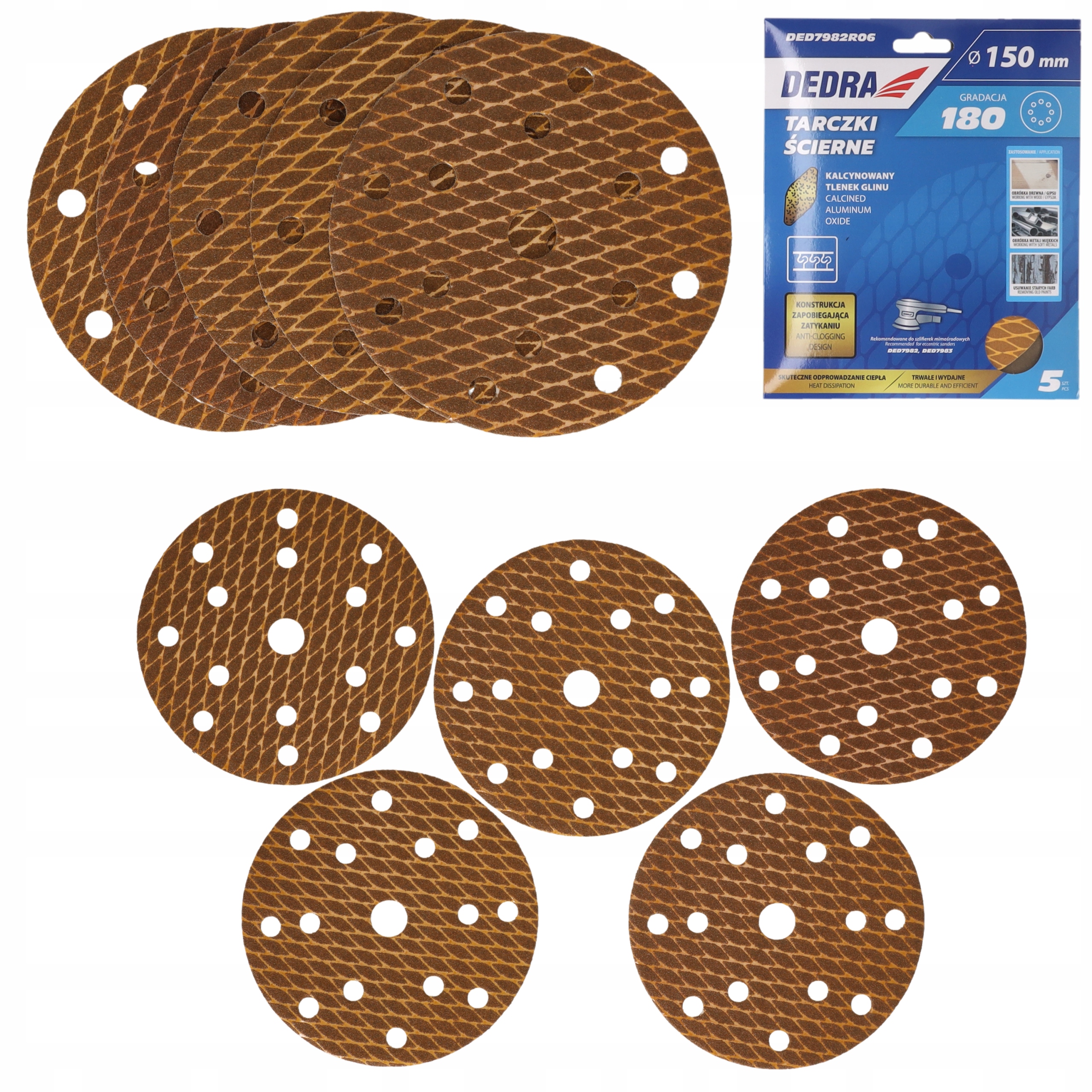 Krążki ścierne 150mm P180 Dedra szlifierki mimośrodowej Papier Tarcze 5szt
