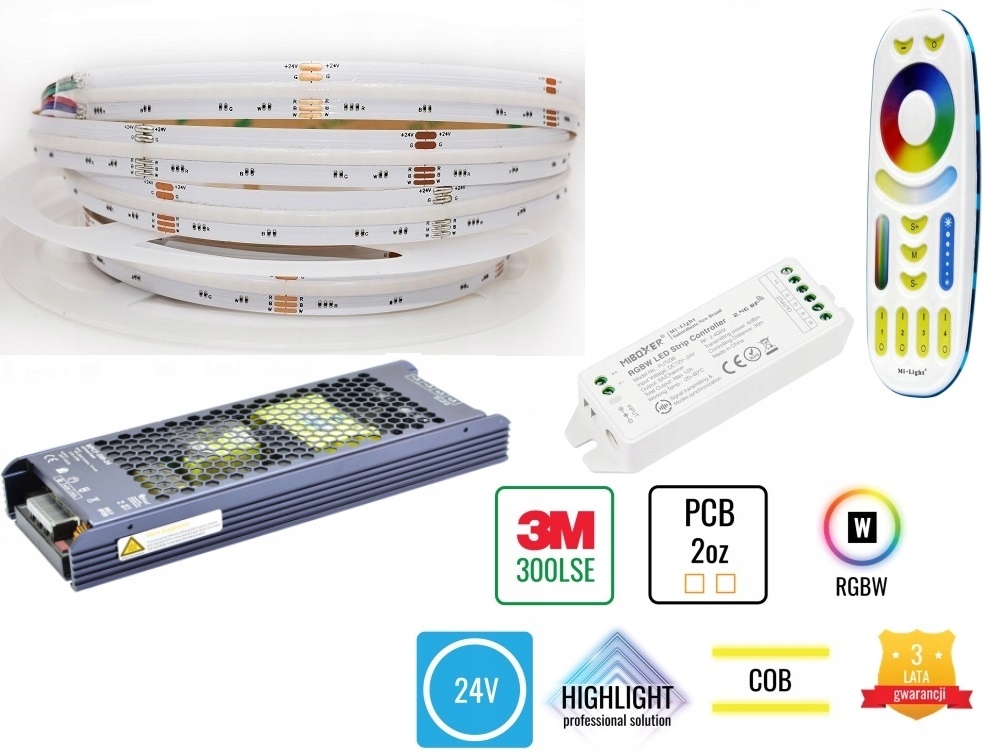25m Zestaw Led sufitowy Cob 896chips 16W 24V Rgbw