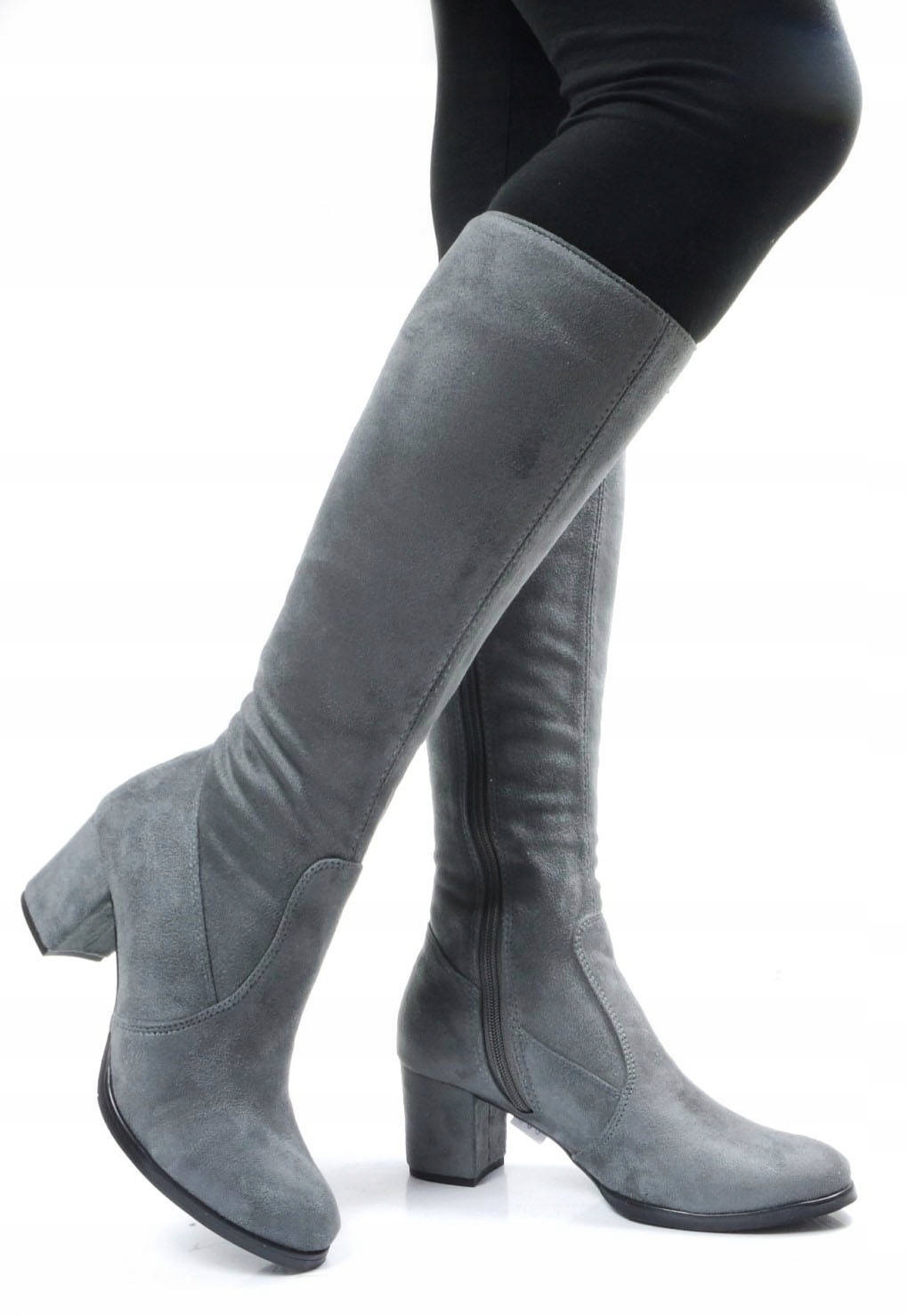 

Damskie Szare Zamszowe Kozaki Na Klocku 41