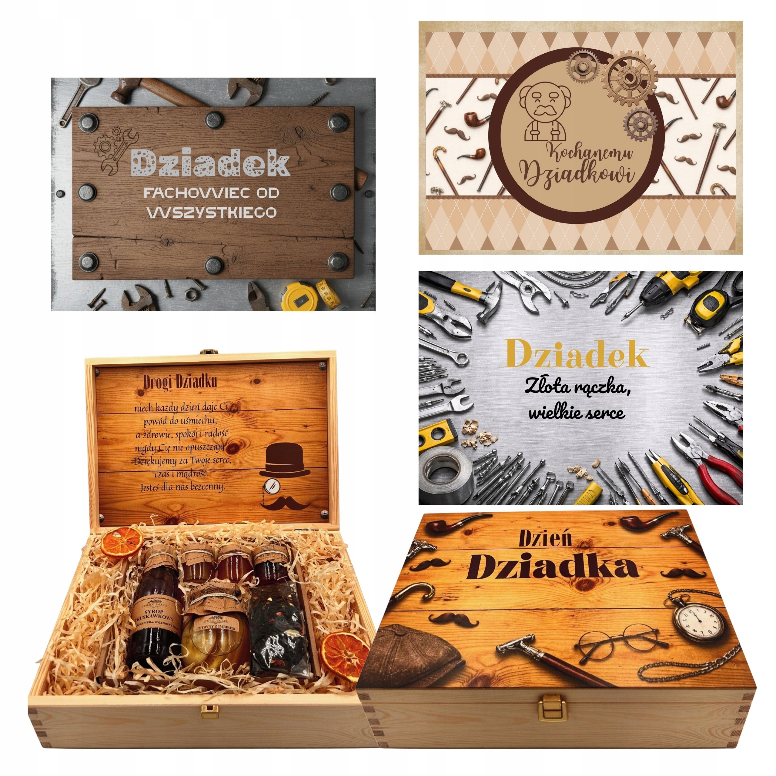 Dla Dziadka Skrzynka Drewniana z Nadrukiem Zestaw Herbata Syrop