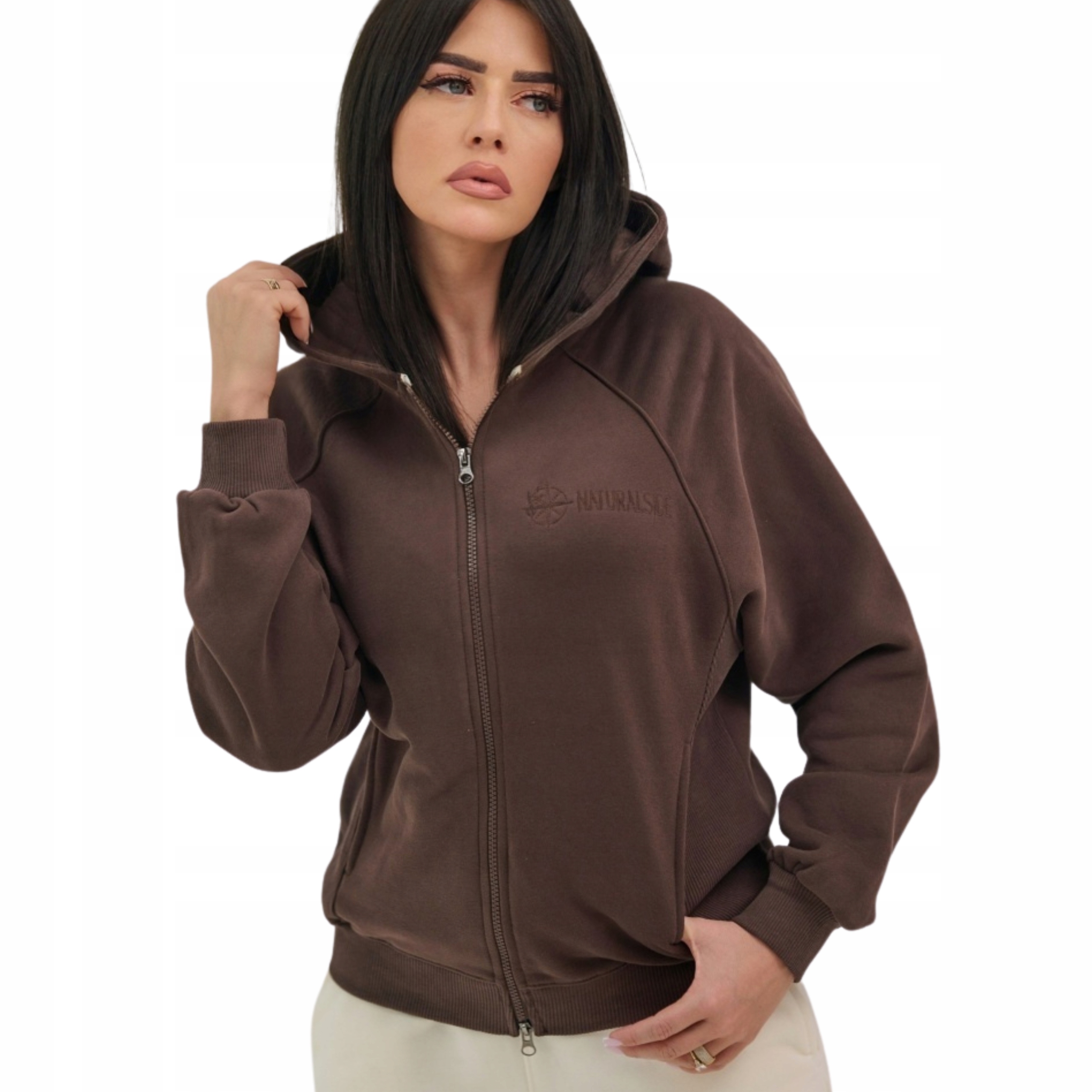 Krátká Mikina dámská tepláková rozepínací basic s kapucí hnědá Velikosti