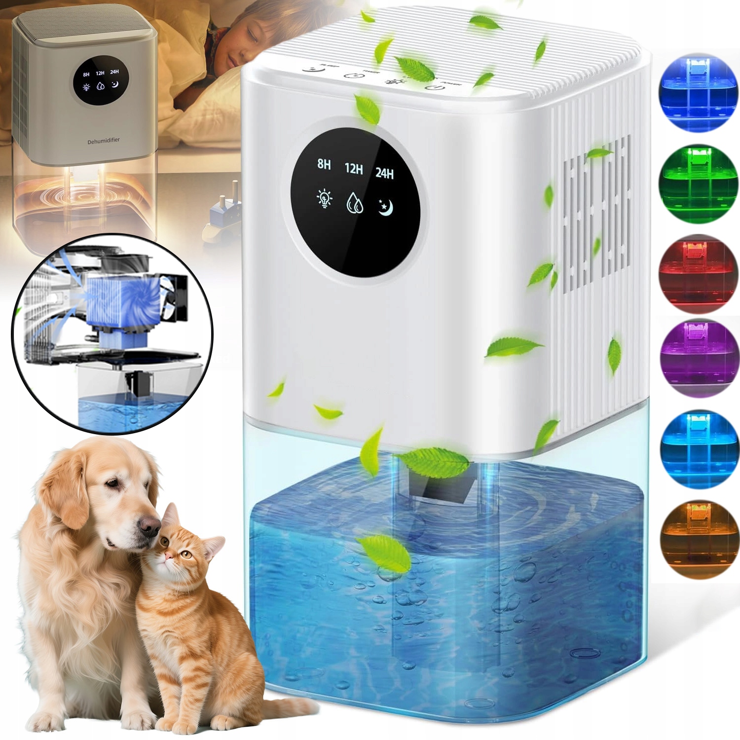 Odvlhčovač Vzduchu Pohlcovač Vlhkosti Tichý Časovač 1,7 L 10 Druhů Světel