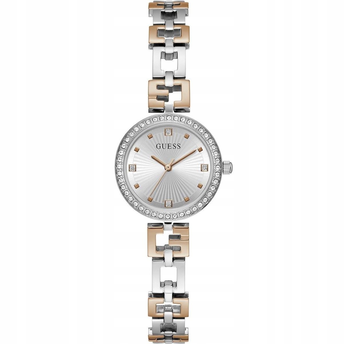 Elegantní stříbrno-růžově zlaté dámské hodinky Guess Lady G s náramkem GW0
