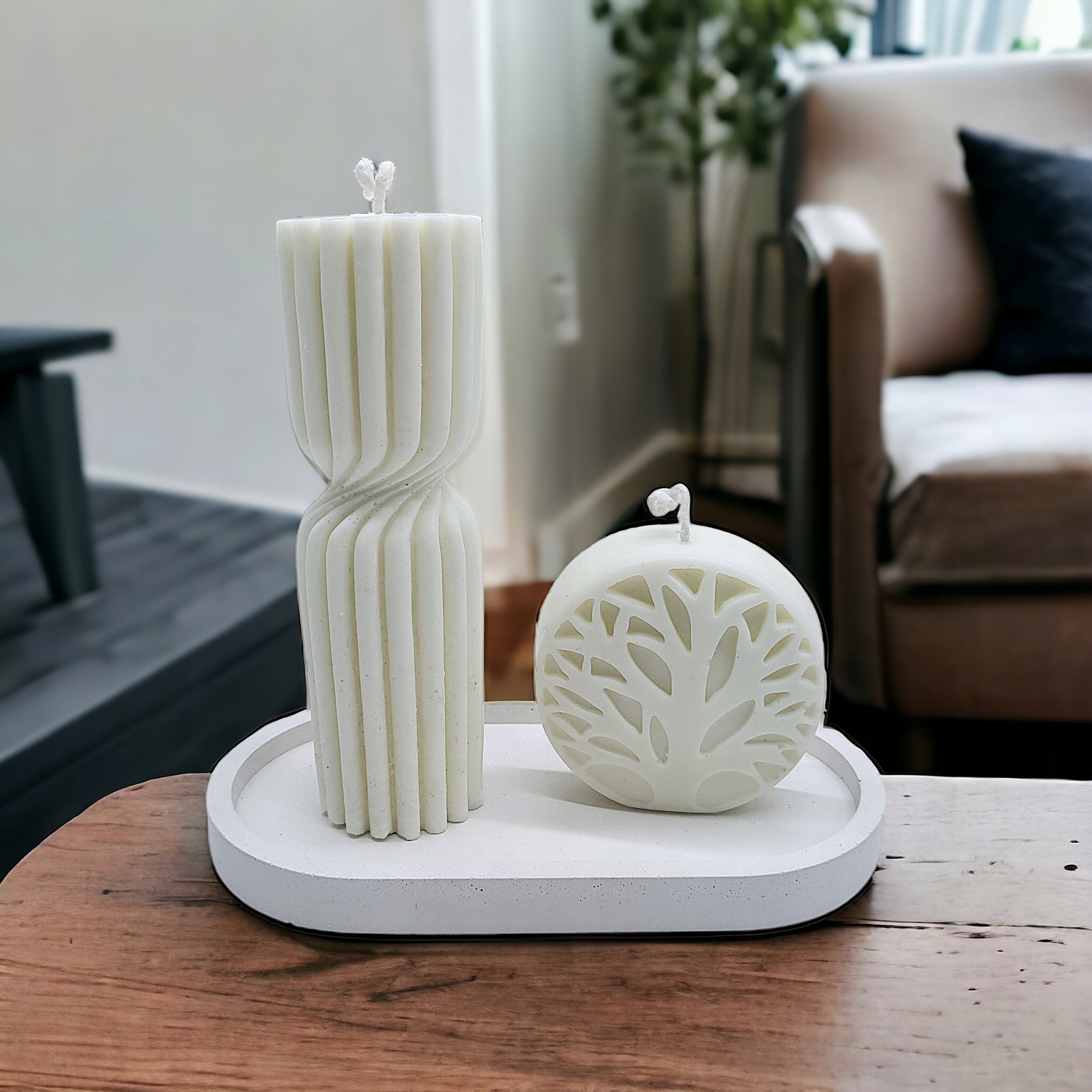 Sójové svíčky Kroucený pilíř a stromek štěstí 2 ks na podstavci