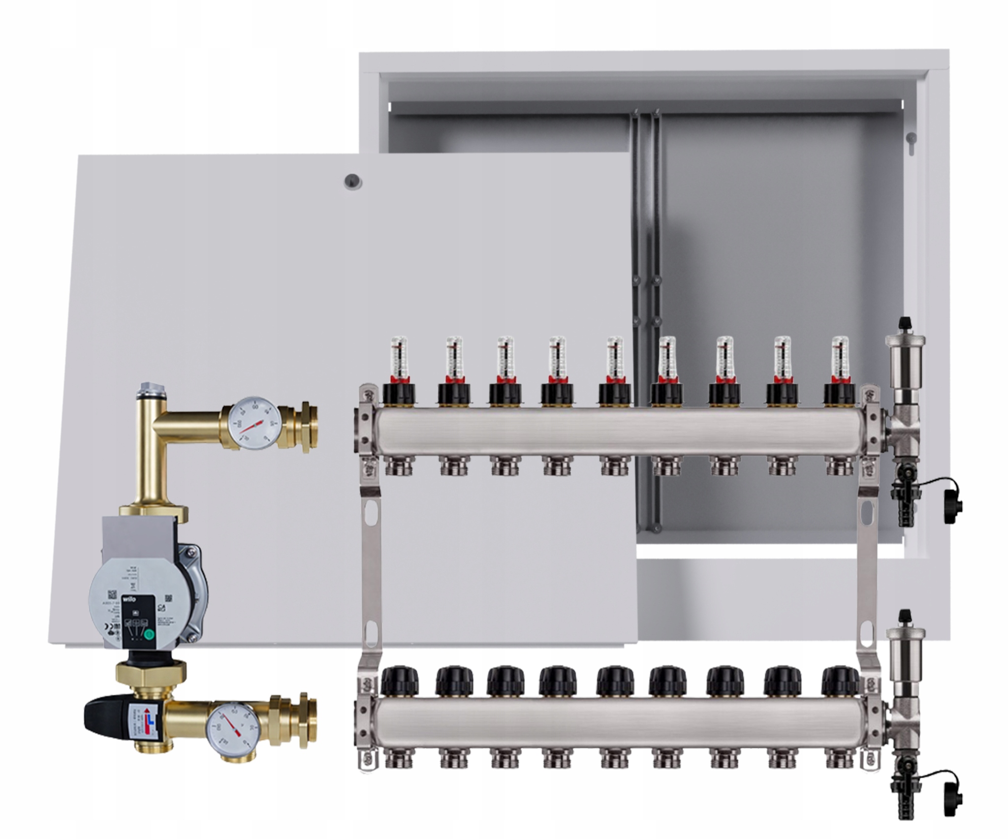 Nerezový rozdělovač pro podlahovku 9 s nástěnným boxem Pumpa Wilo