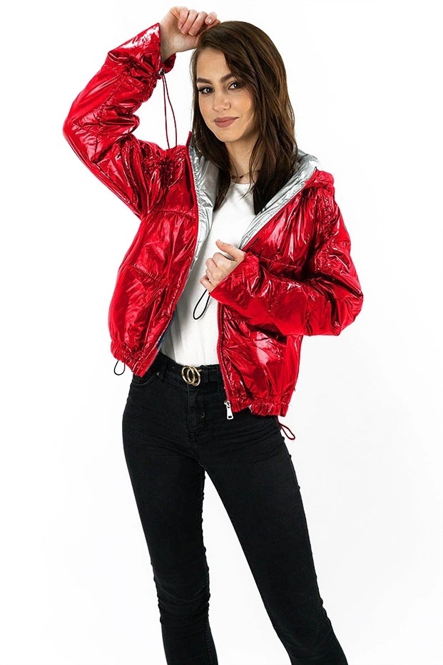 Lesklá Bunda S Kapuce B9560 Červená XL (42)