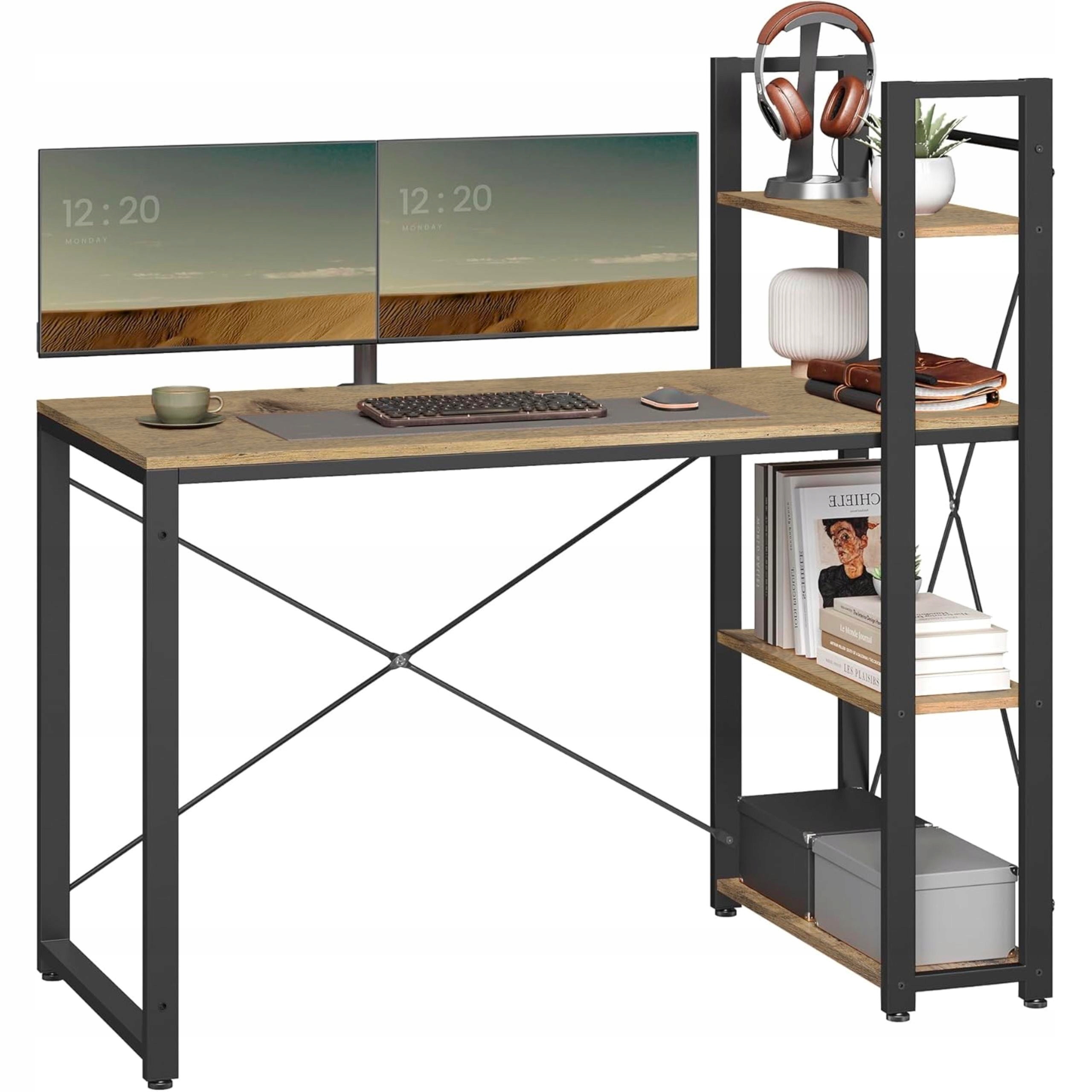 Počítačový stôl s hernými policami, industriálny loft, rustikálny regál