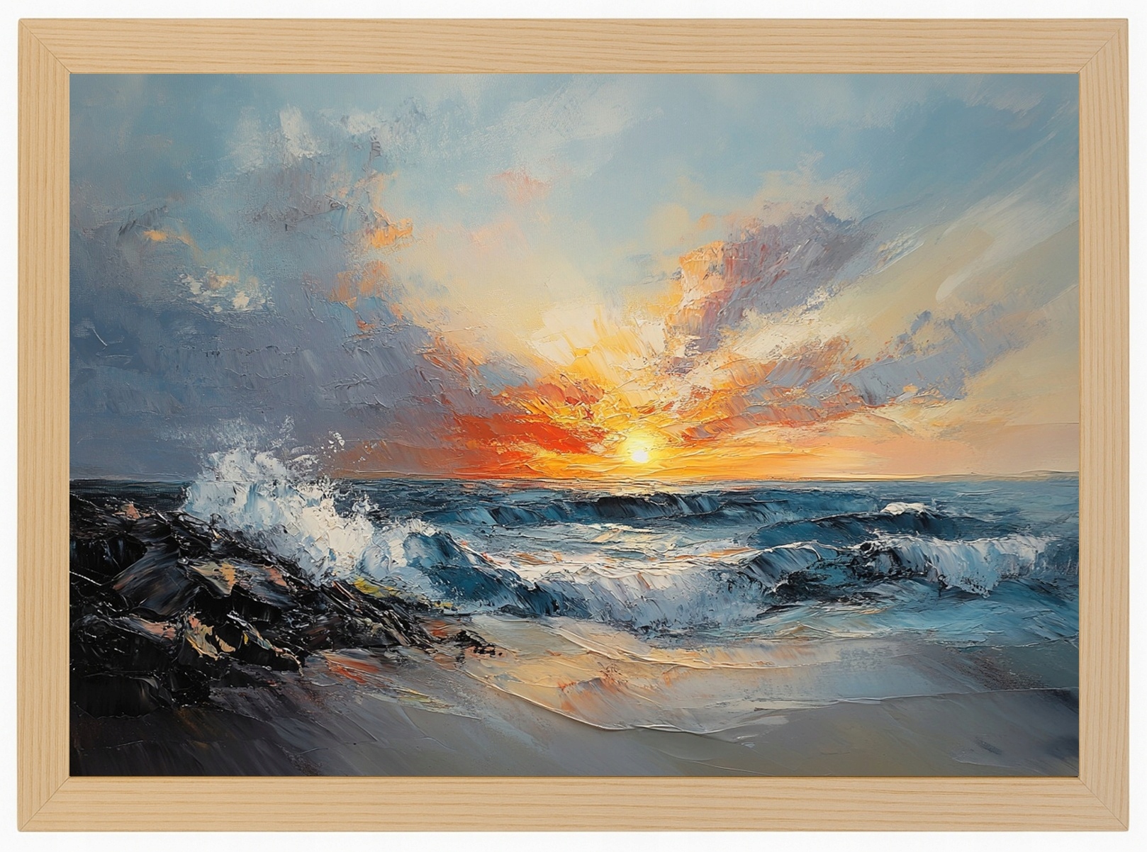 Plakát Rámeček Dřevo Pohled Moře Vlny Pláž Slunce Západ Večer 80x60