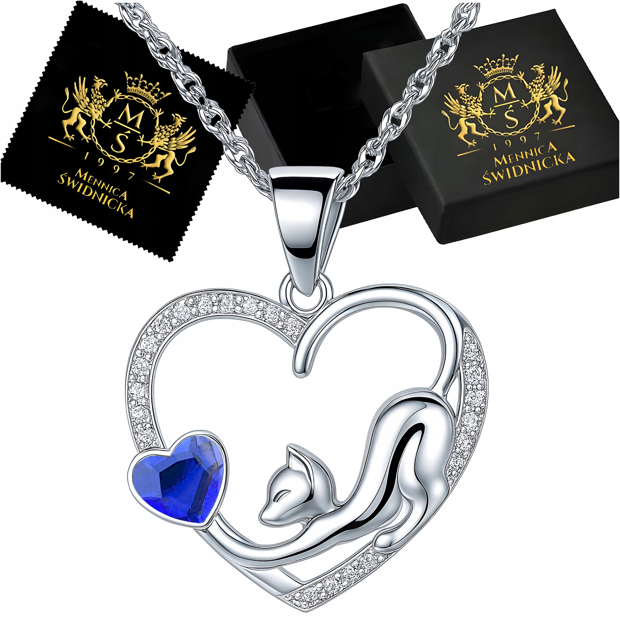 Stříbrný náhrdelník Srdce s kočkou Přívěsek Řetízek Stříbro 925 Dárek