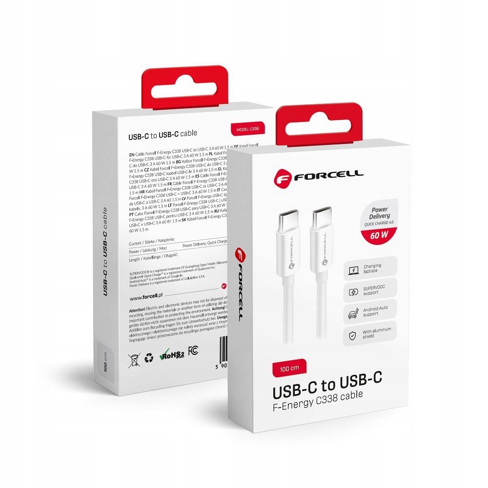 Kabel Usb C do Usb C Forcell F-Energy QC4.0 Pd 3A 60W 1 m C338 biały