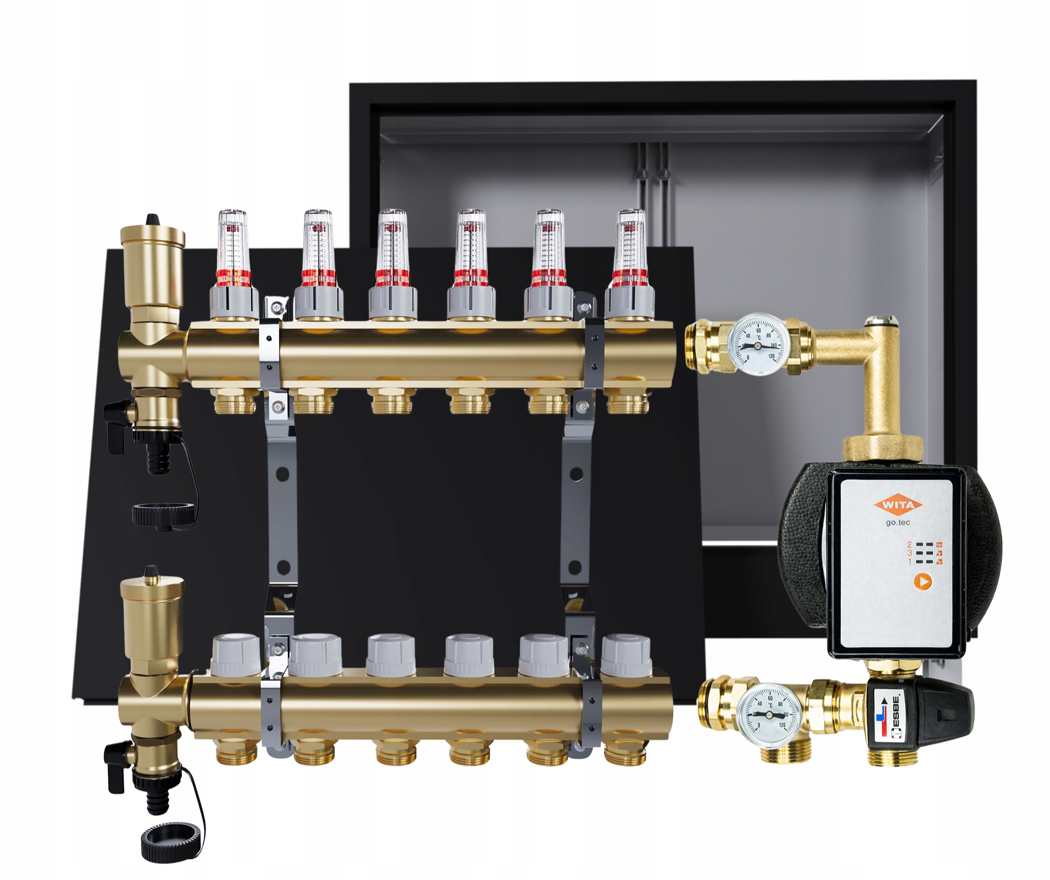 Rozdělovač pro podlahu 6 okruhů s skupinou Wita podomítková skříňka