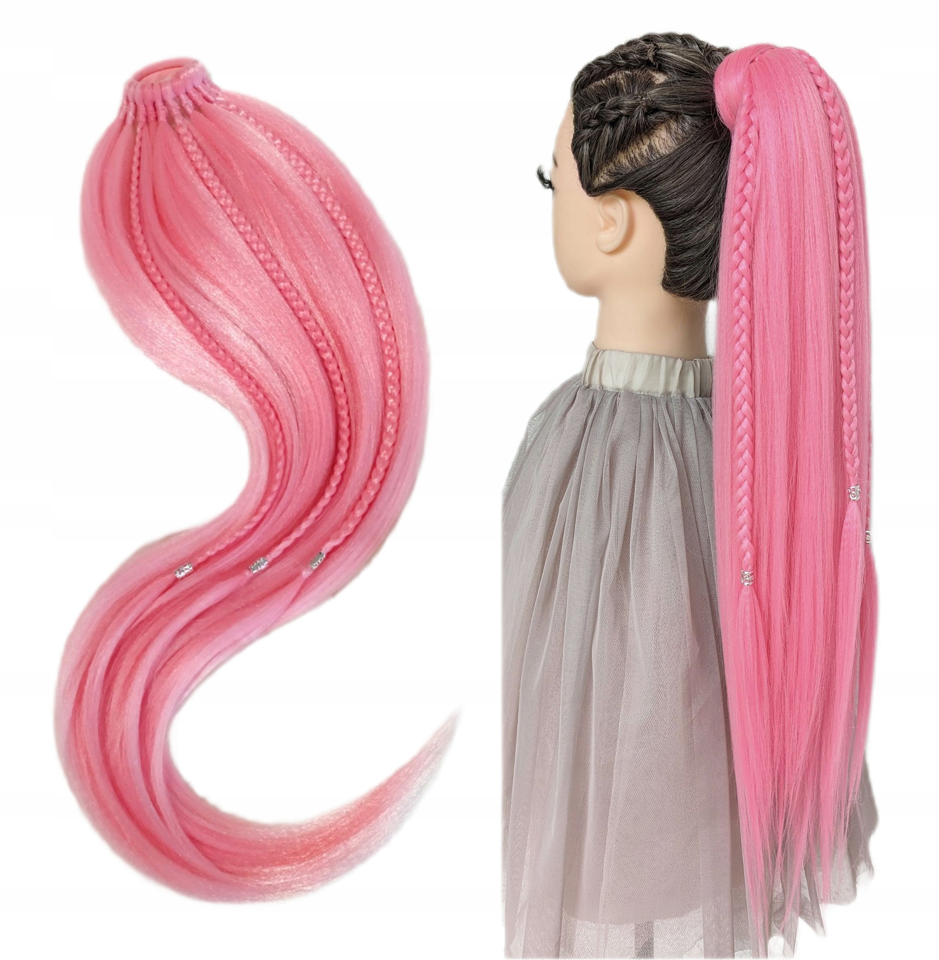 Poník na gumičce s copánky, Příčesek, růžová, Růžová Mořská Víla, 60 cm