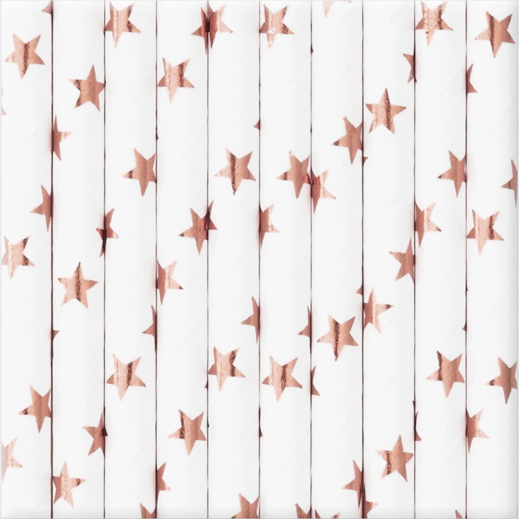 Słomki białe RÓŻOWE ZŁOTO w GWIAZDKI ROSE GOLD 10s